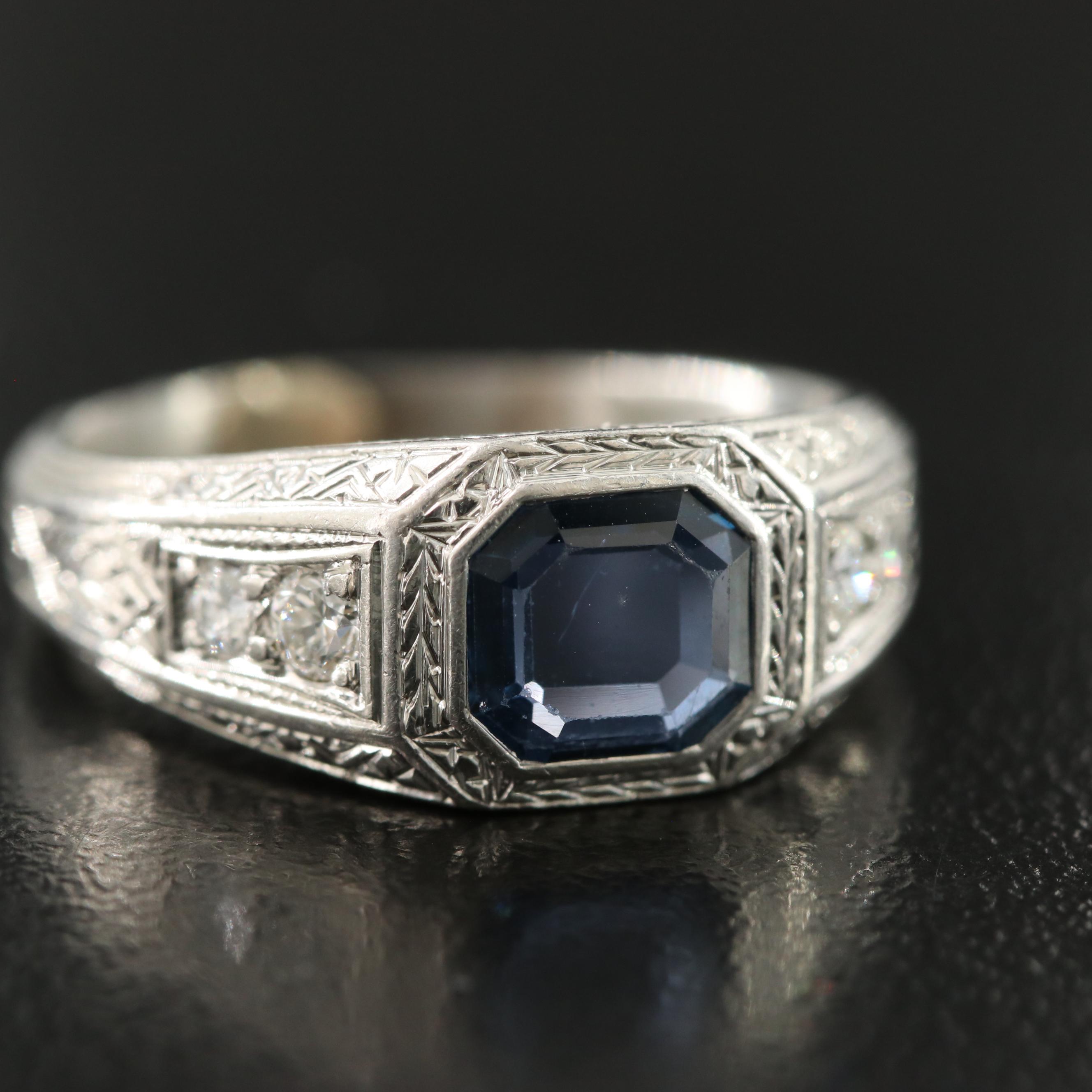 Art Deco Platinum Sapphire and Diamond Ring with Antique Tiffany and Co. Box