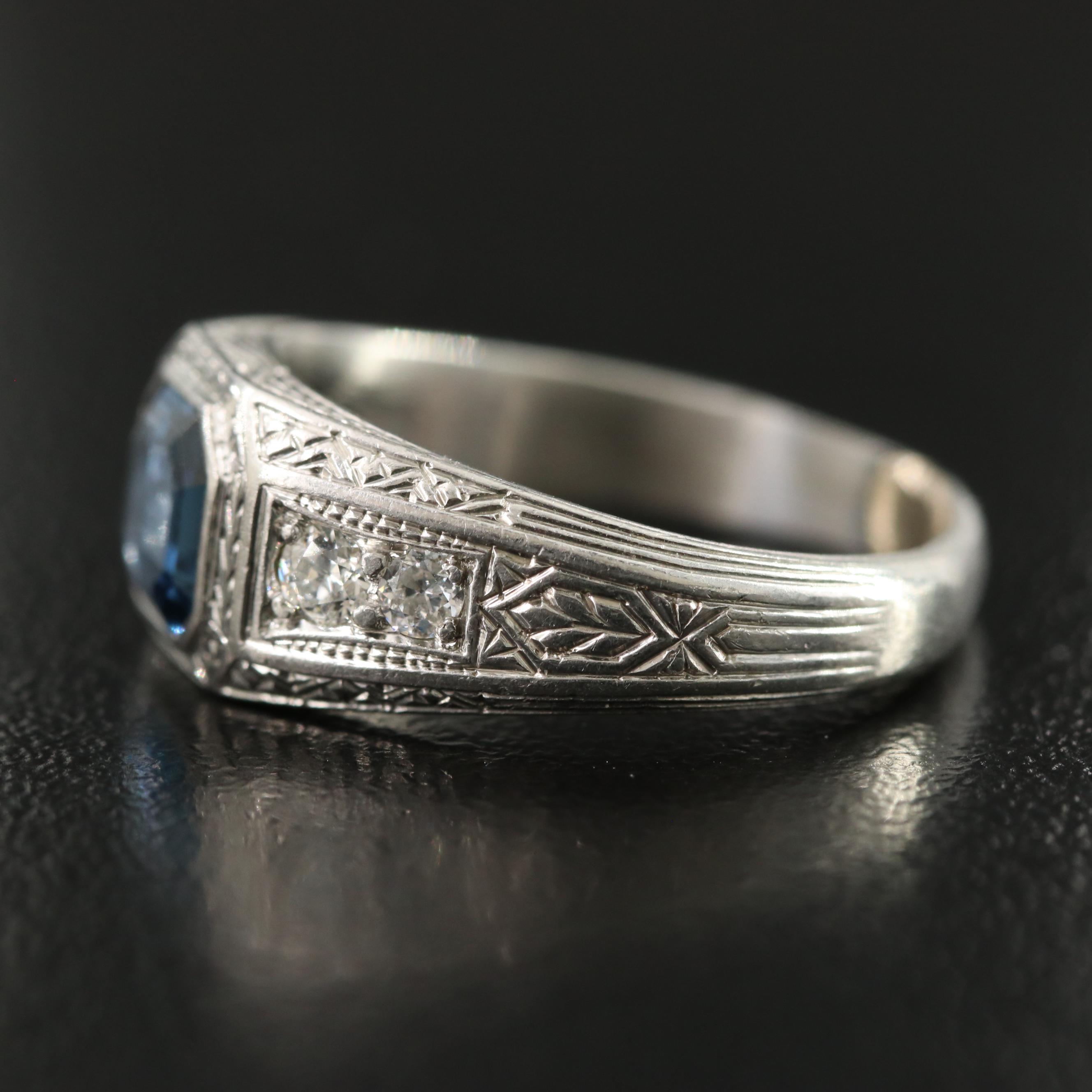 Art Deco Platinum Sapphire and Diamond Ring with Antique Tiffany and Co. Box