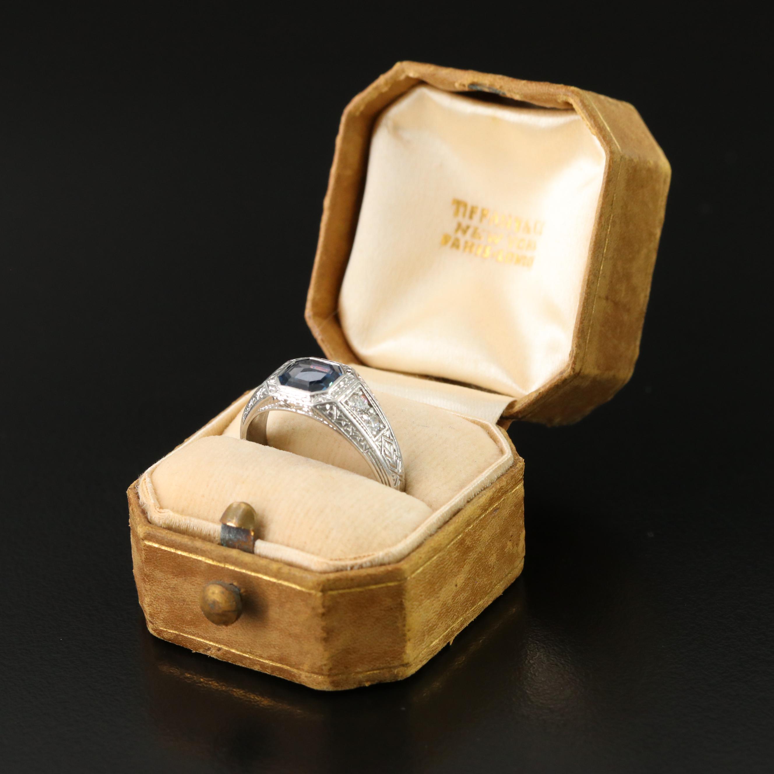 Art Deco Platinum Sapphire and Diamond Ring with Antique Tiffany and Co. Box