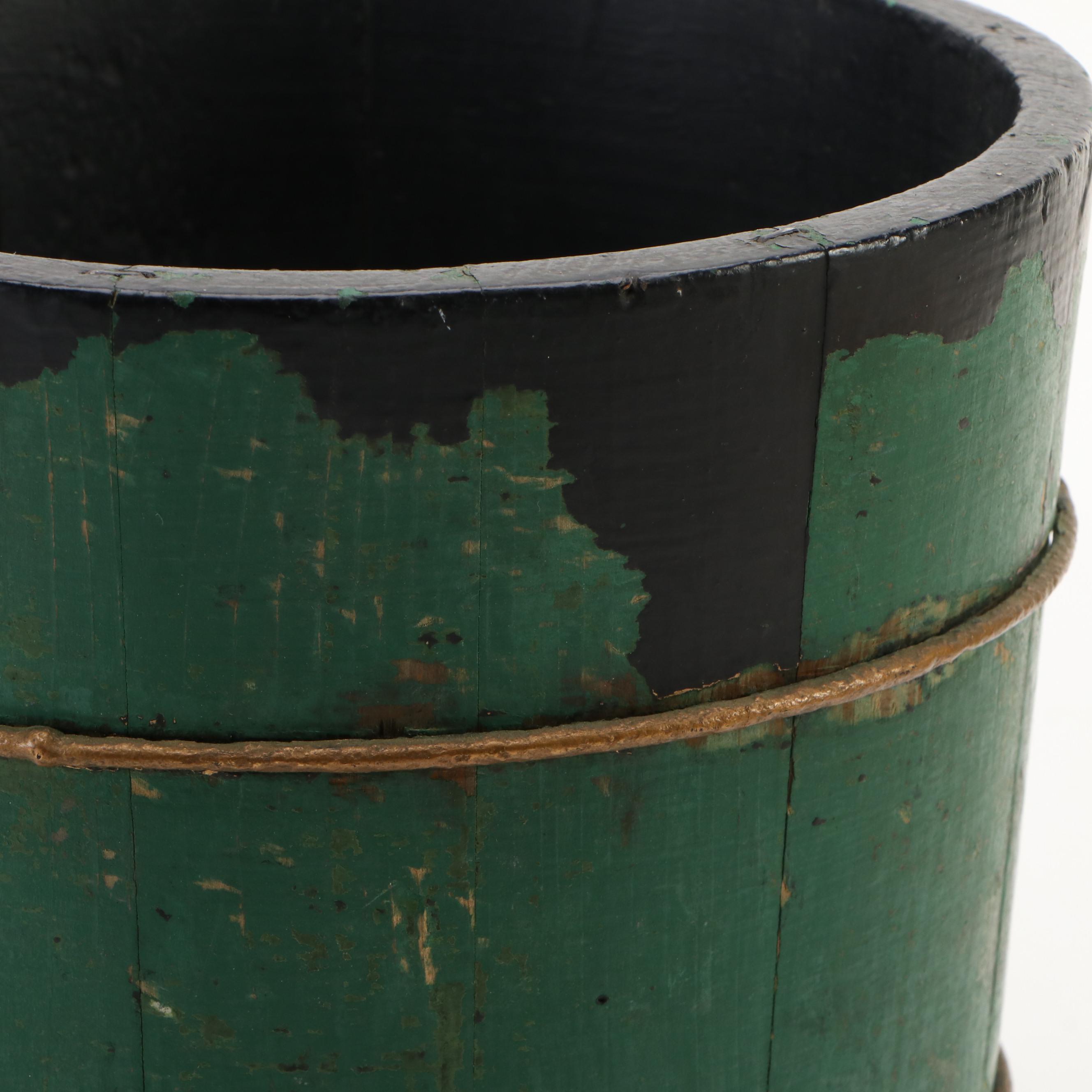 Painted Wooden Stave Bucket with Carved Wood Frame and Other Décor