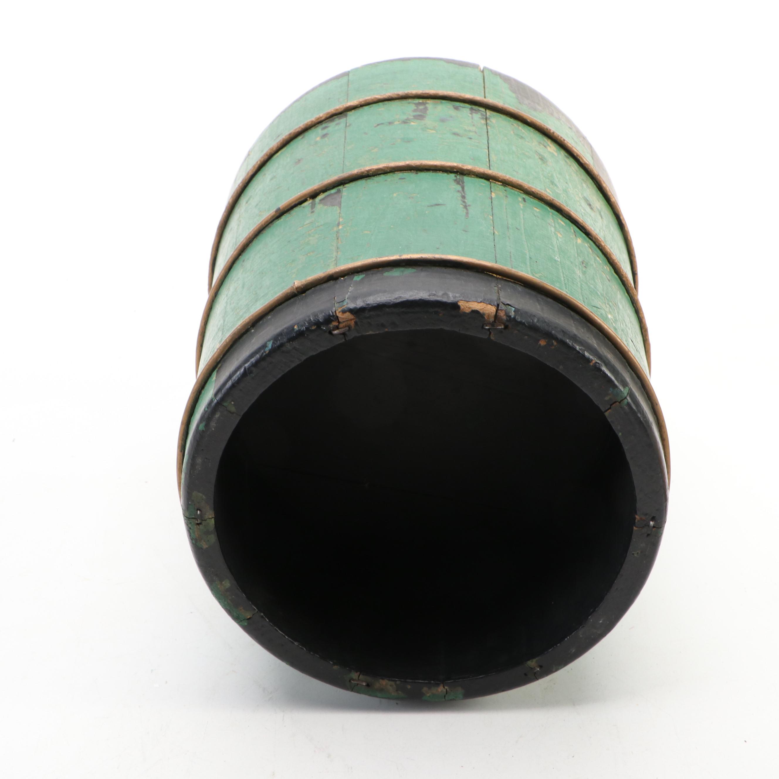 Painted Wooden Stave Bucket with Carved Wood Frame and Other Décor