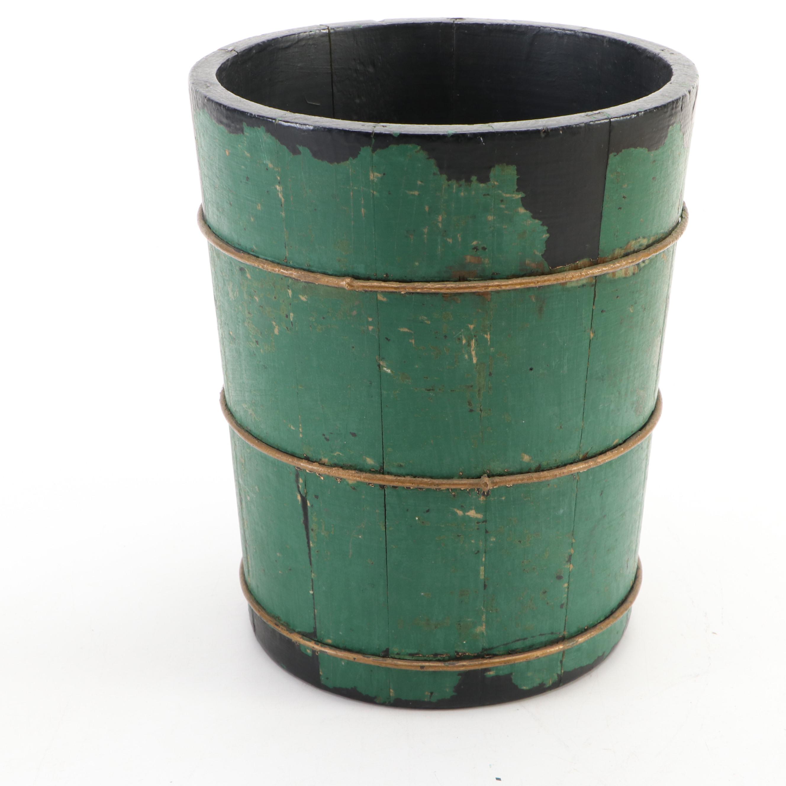 Painted Wooden Stave Bucket with Carved Wood Frame and Other Décor
