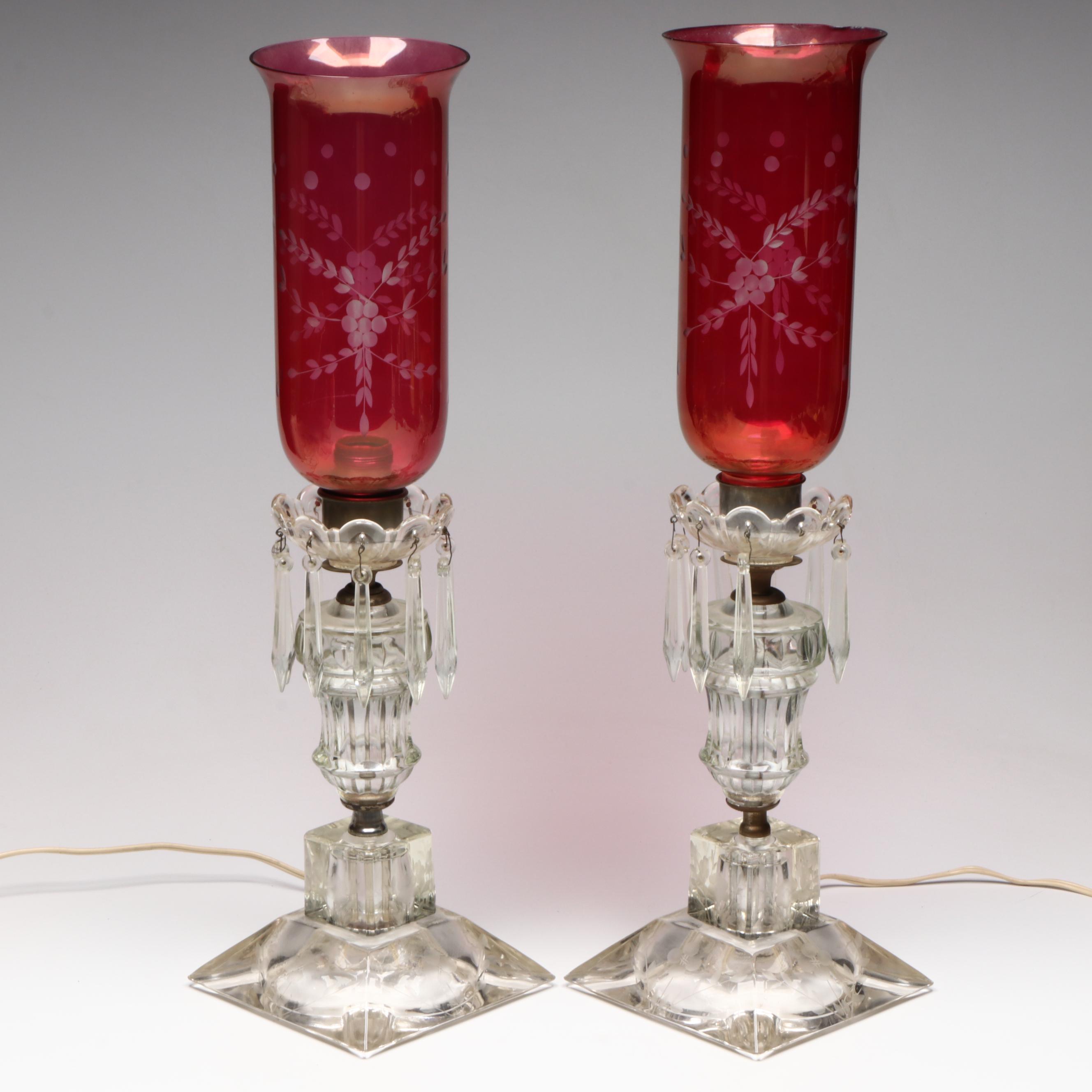 Etched Cranberry Glass Mantel Luster Lamps, Adapted Mid-20th Century