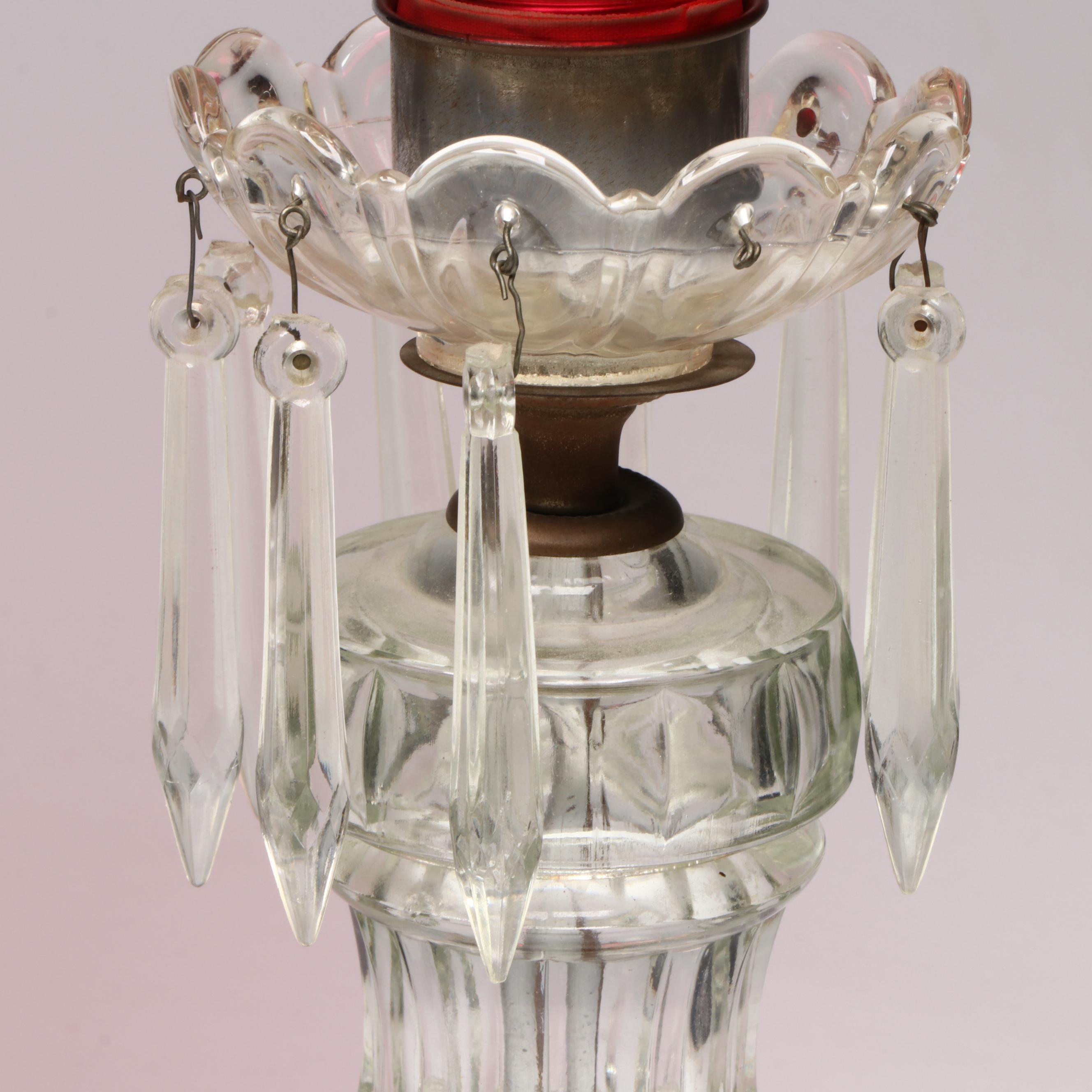 Etched Cranberry Glass Mantel Luster Lamps, Adapted Mid-20th Century