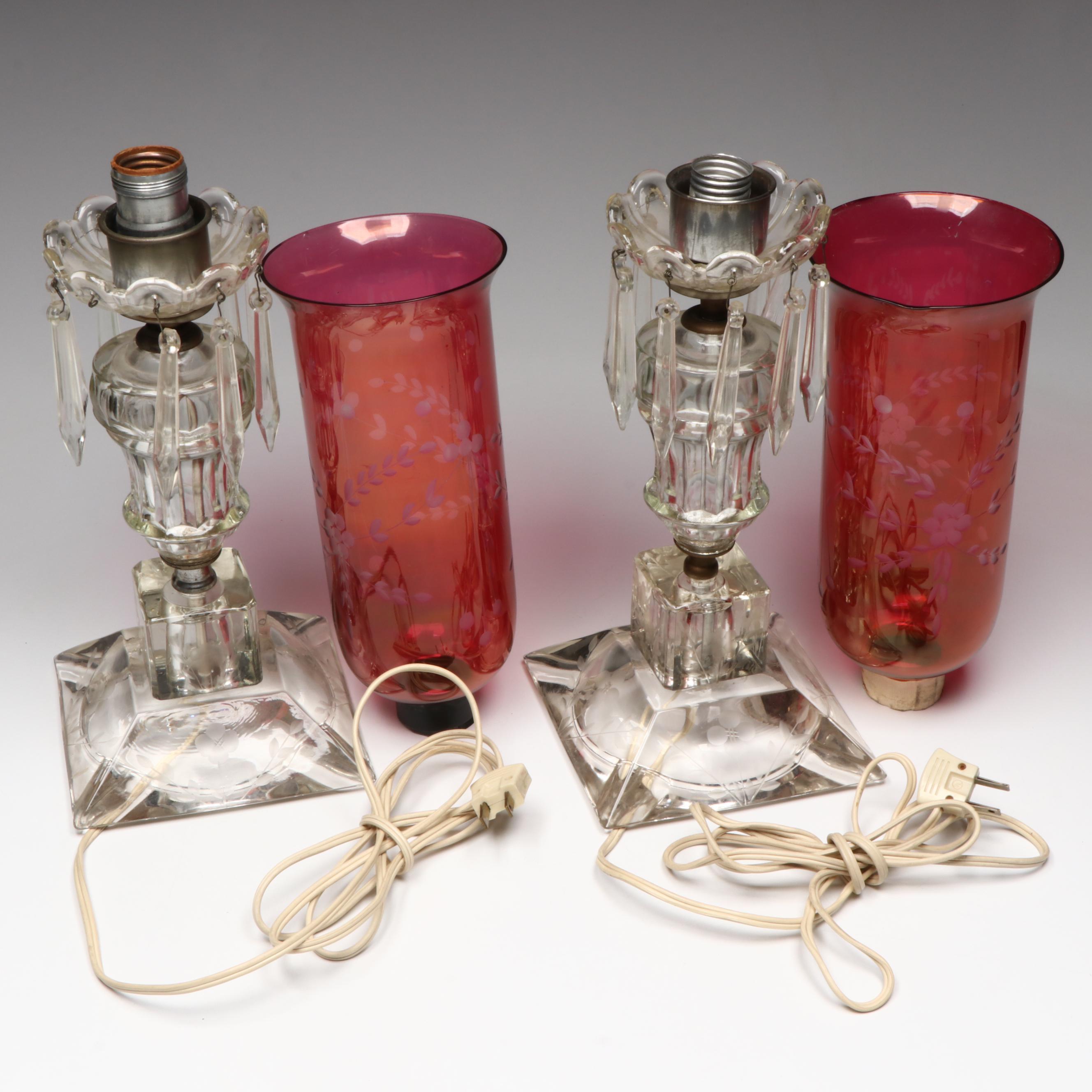 Etched Cranberry Glass Mantel Luster Lamps, Adapted Mid-20th Century