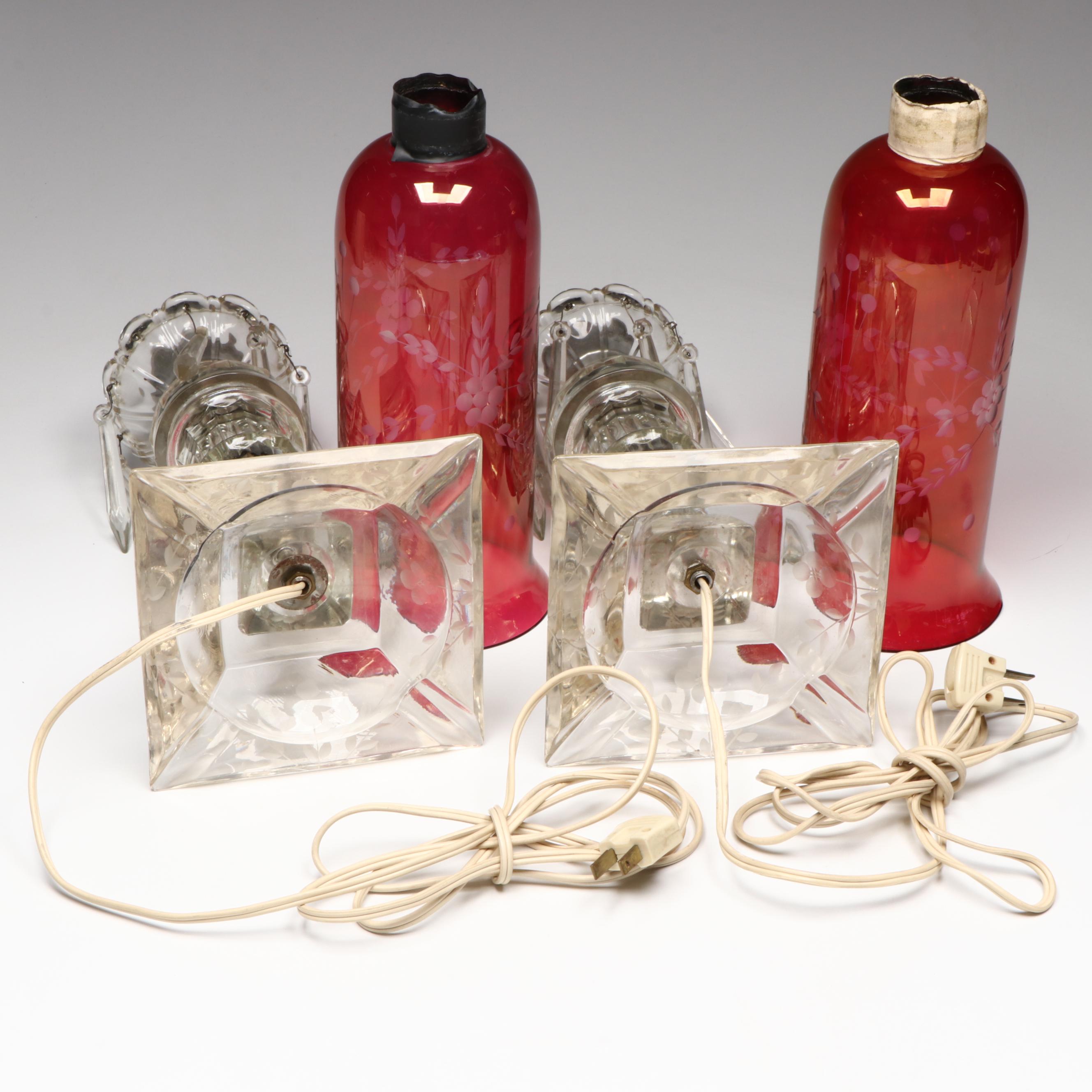 Etched Cranberry Glass Mantel Luster Lamps, Adapted Mid-20th Century