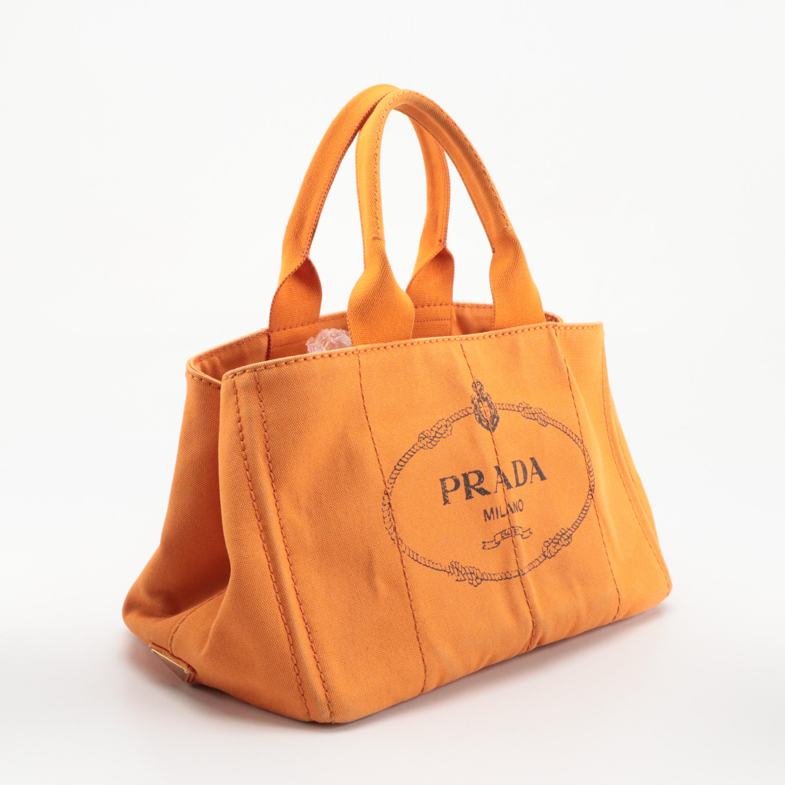 Prada Bright Orange Canapa Canvas Tote Bag