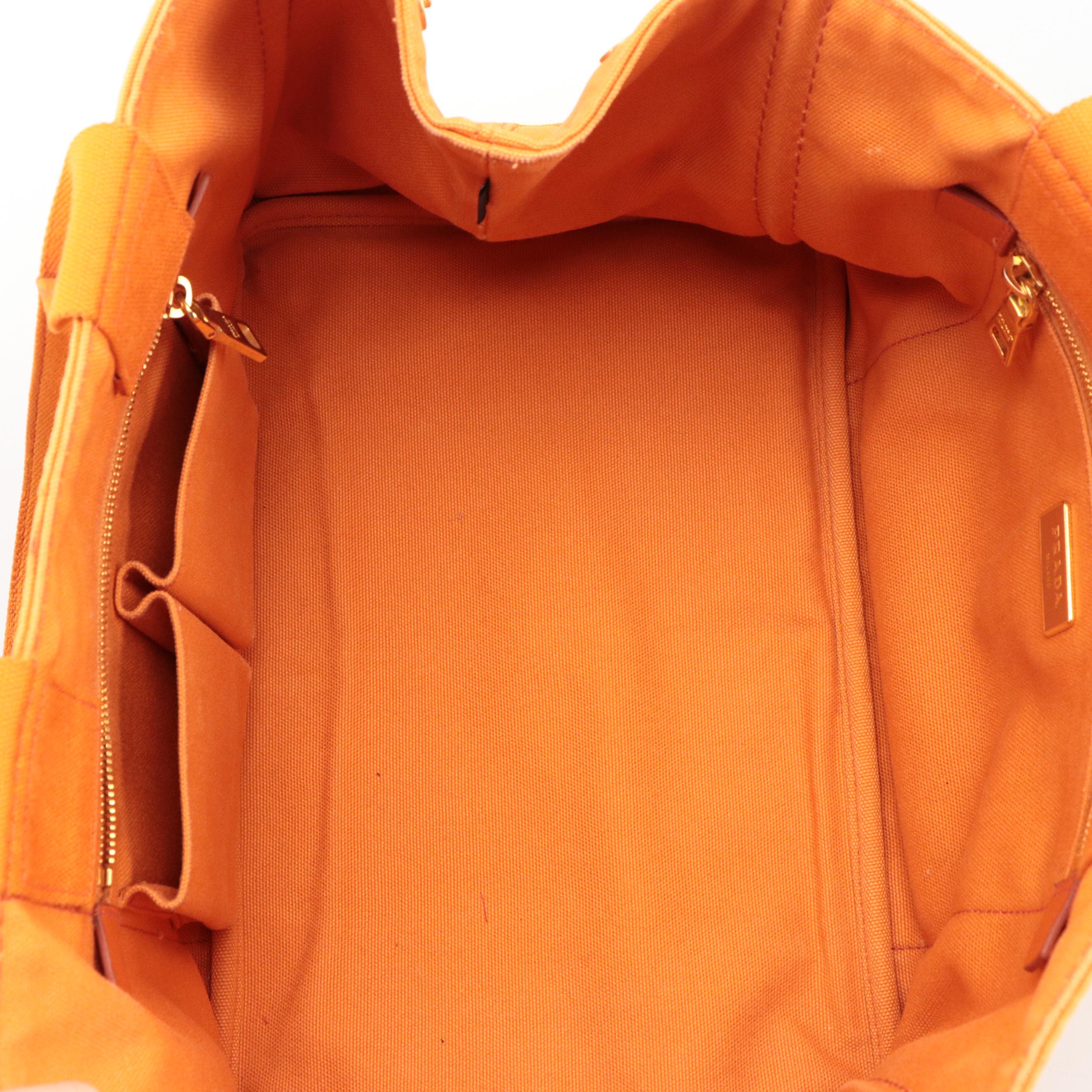 Prada Bright Orange Canapa Canvas Tote Bag