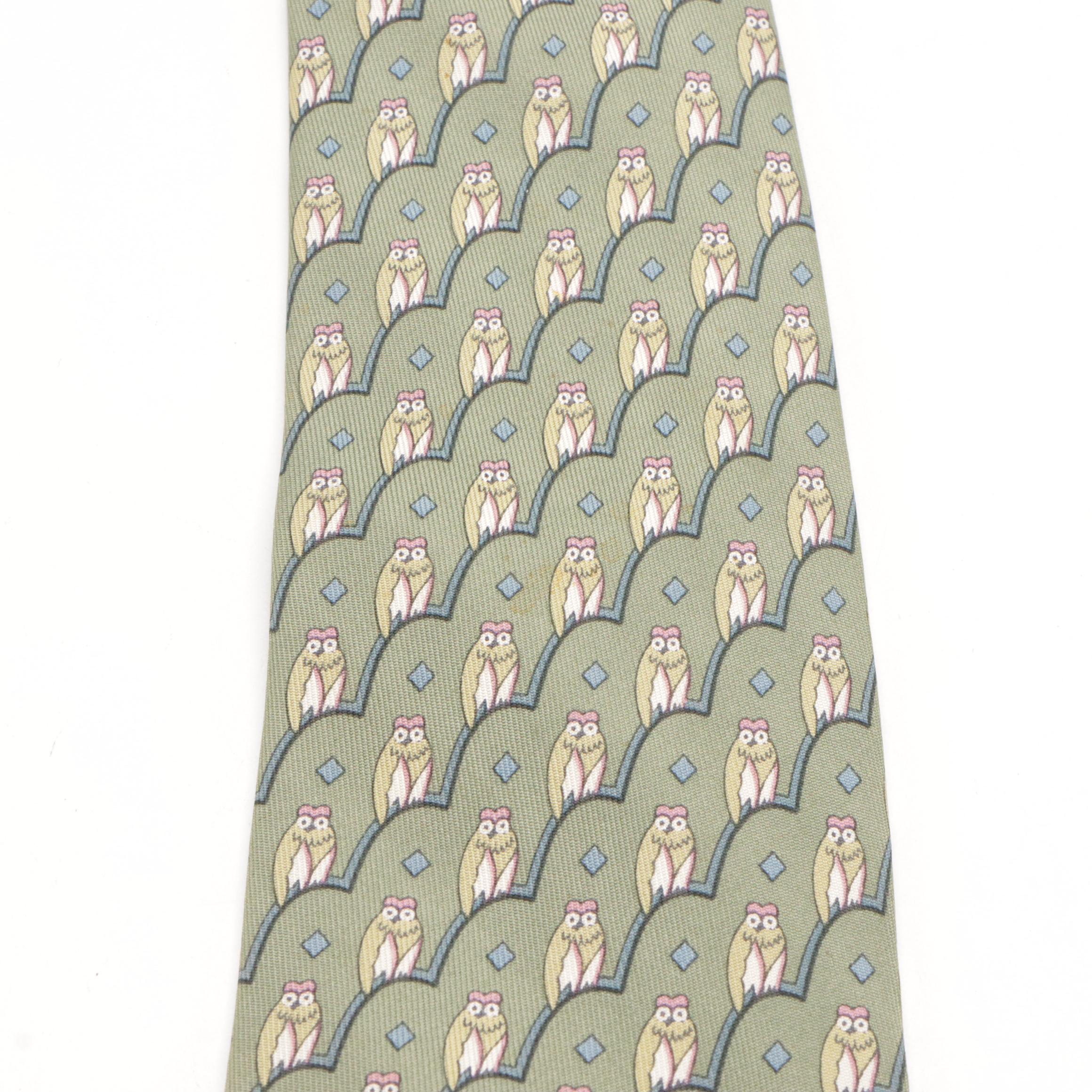 Hermès Owl Print Silk Twill Hand-Stitched Necktie