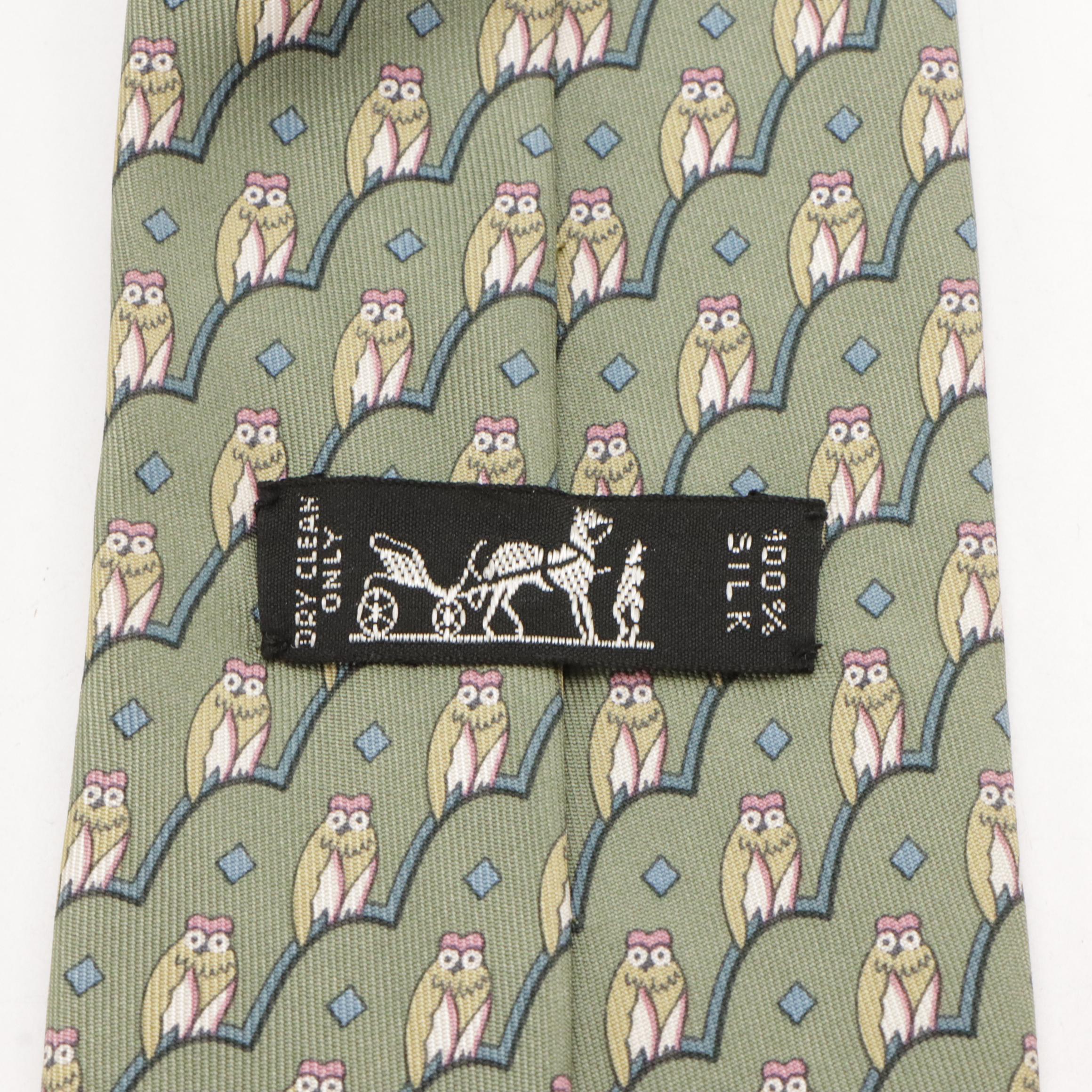 Hermès Owl Print Silk Twill Hand-Stitched Necktie
