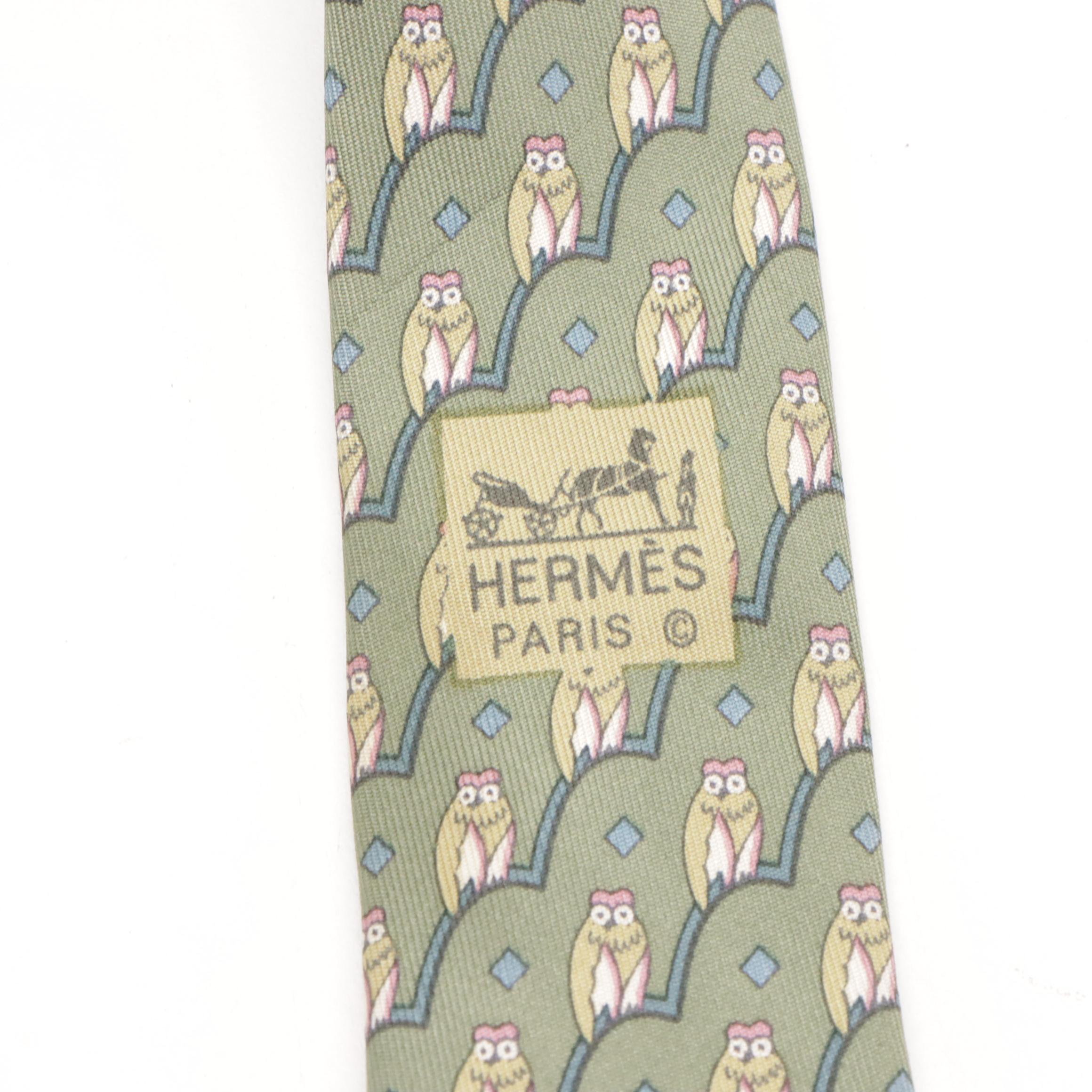 Hermès Owl Print Silk Twill Hand-Stitched Necktie