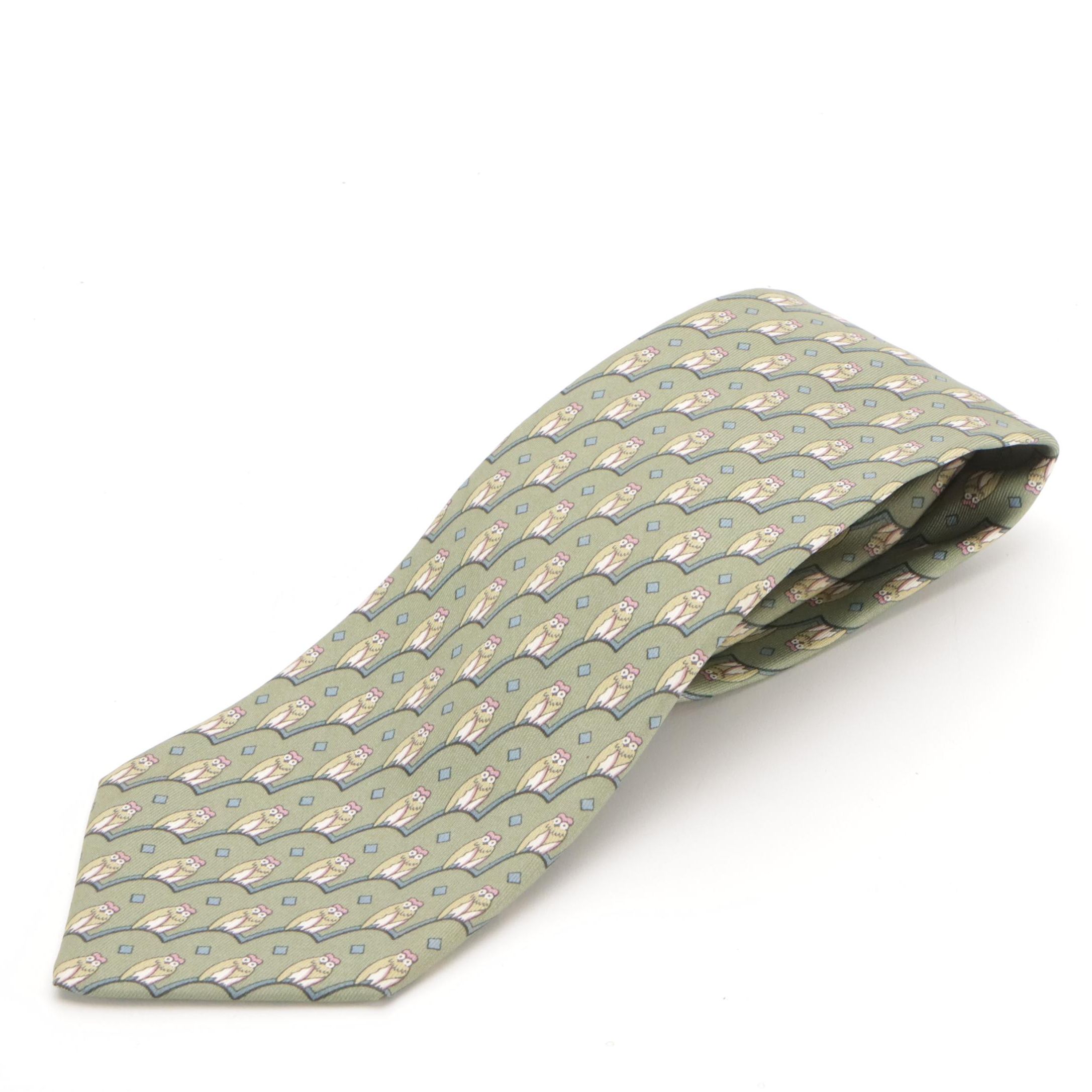 Hermès Owl Print Silk Twill Hand-Stitched Necktie