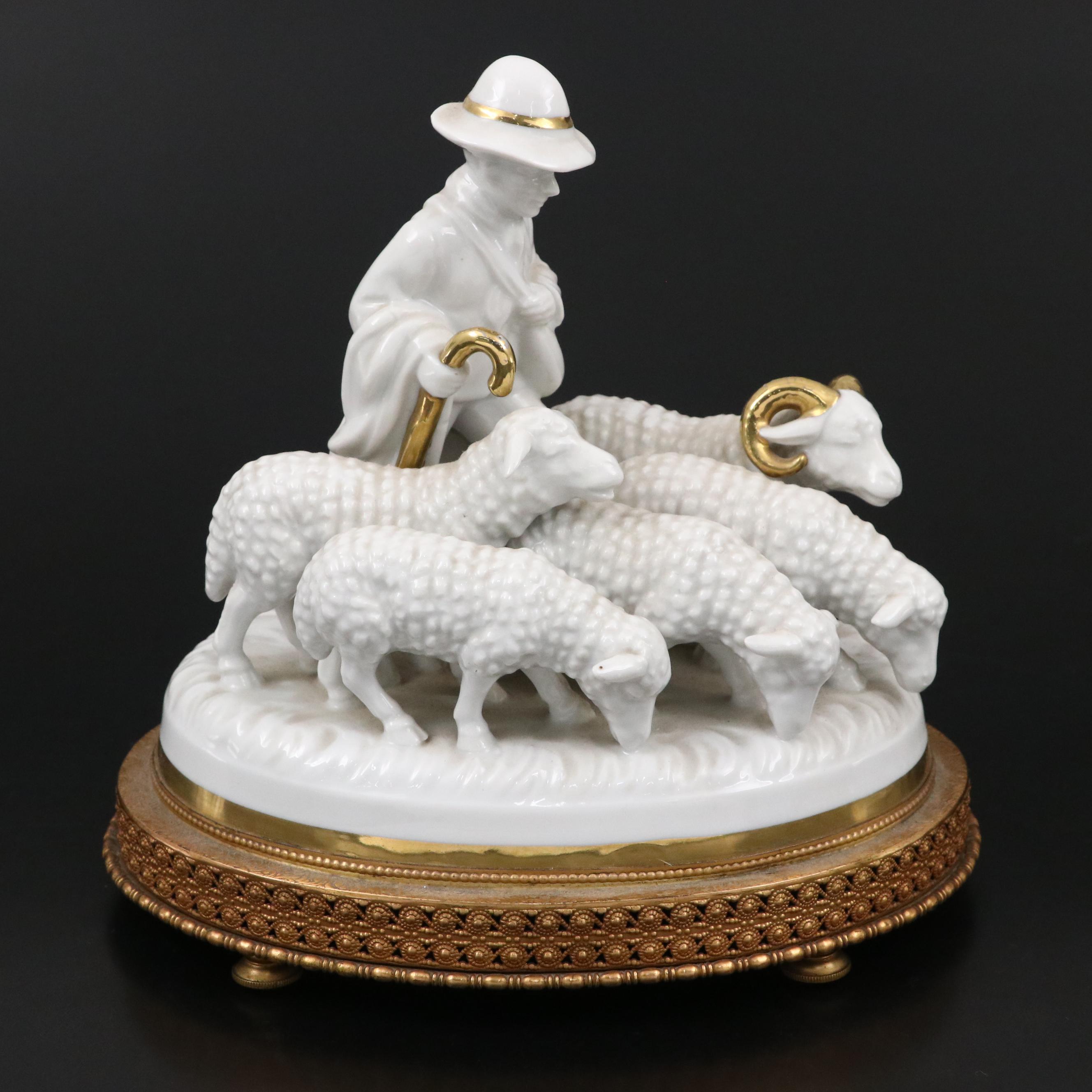 German Gerold Porcelain Shepherd with Flock Music Box