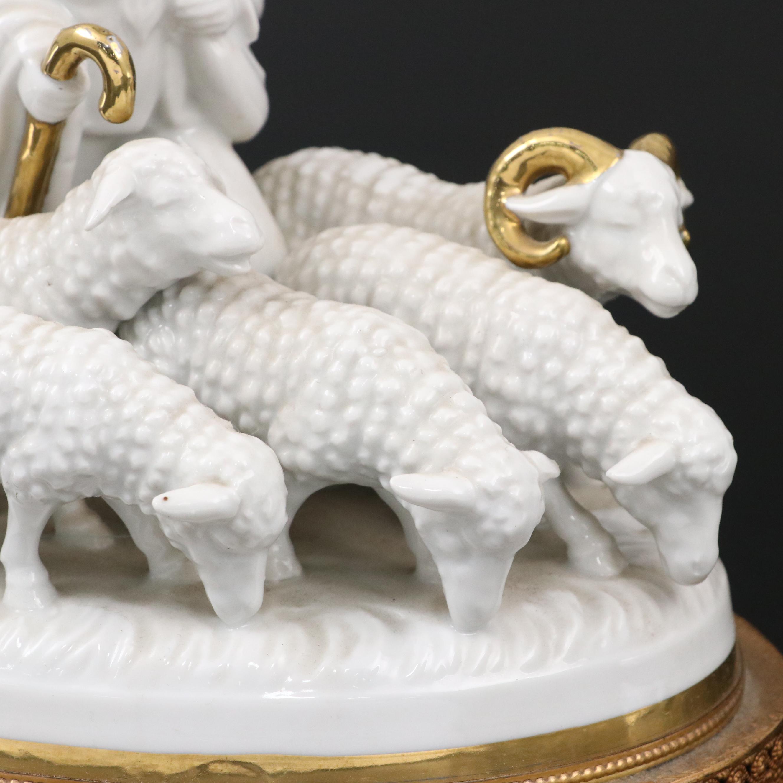 German Gerold Porcelain Shepherd with Flock Music Box