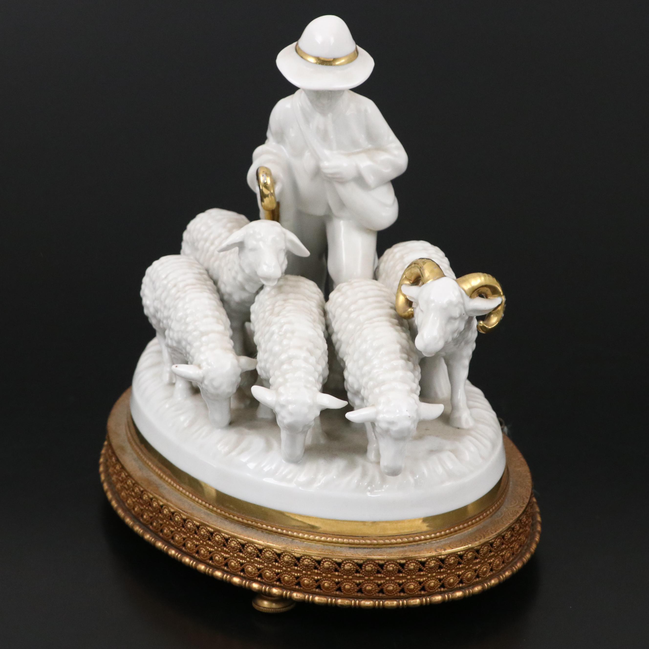 German Gerold Porcelain Shepherd with Flock Music Box