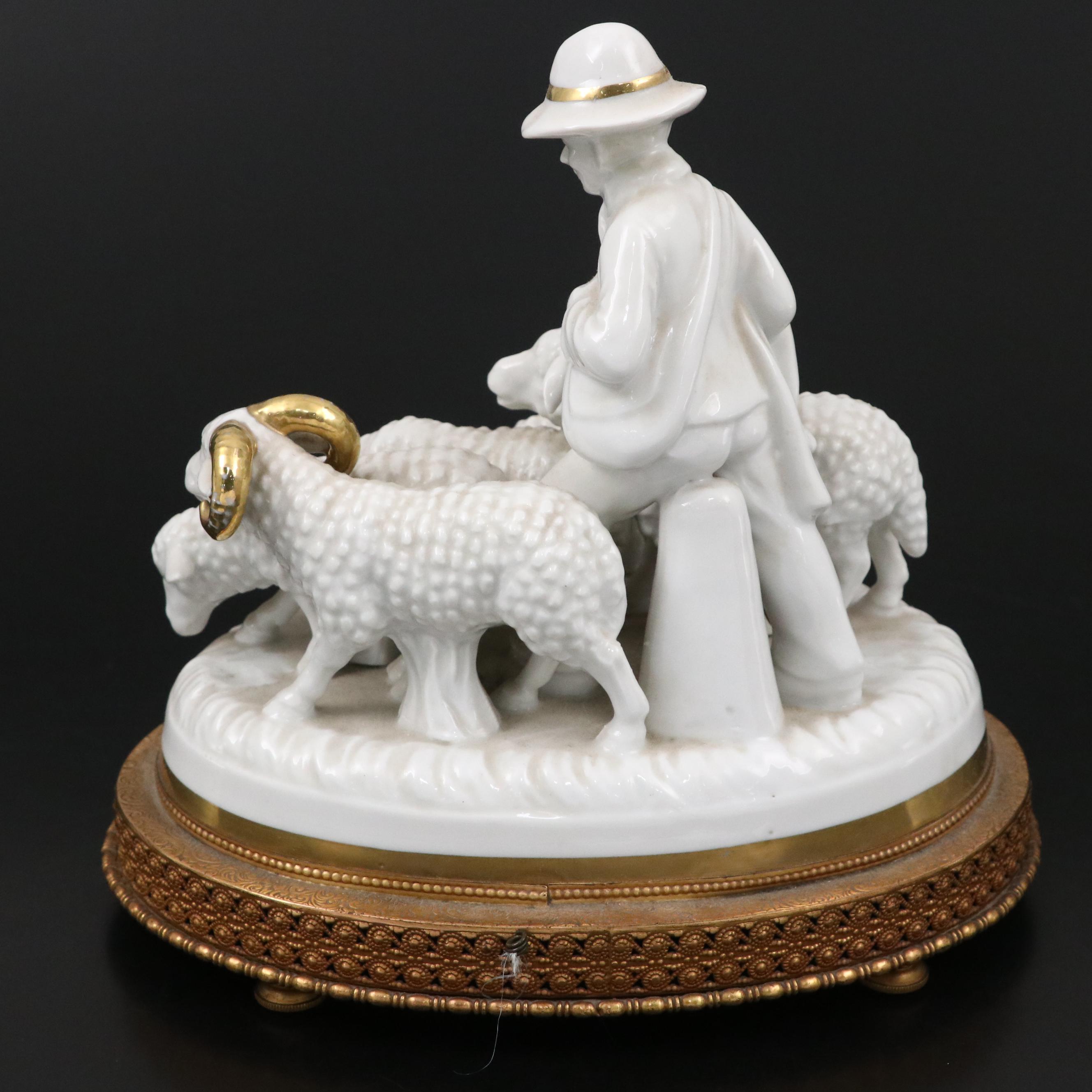 German Gerold Porcelain Shepherd with Flock Music Box