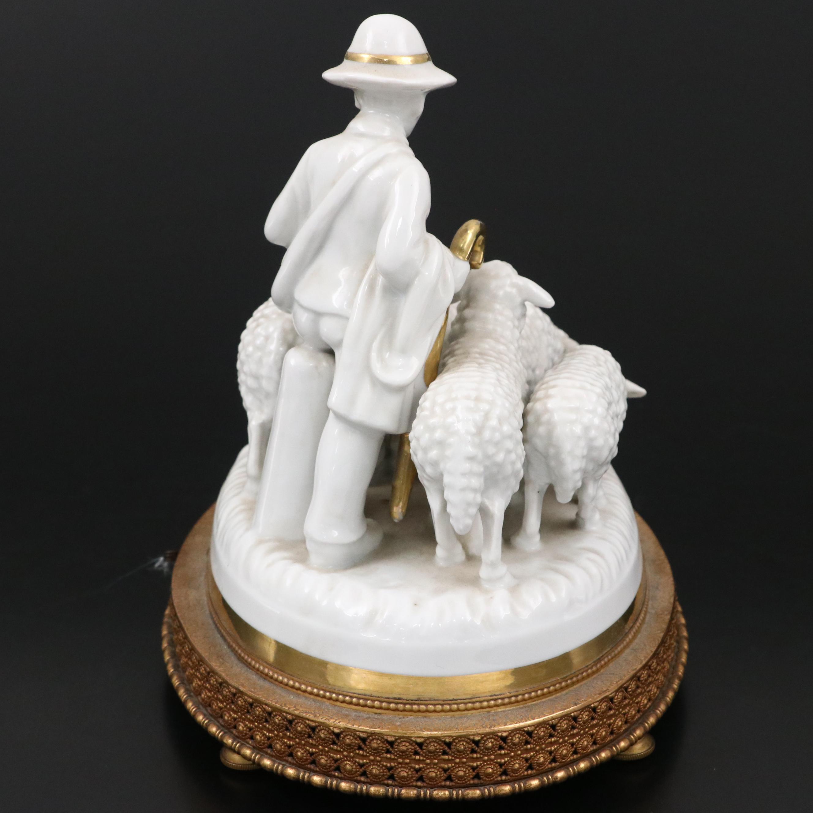German Gerold Porcelain Shepherd with Flock Music Box