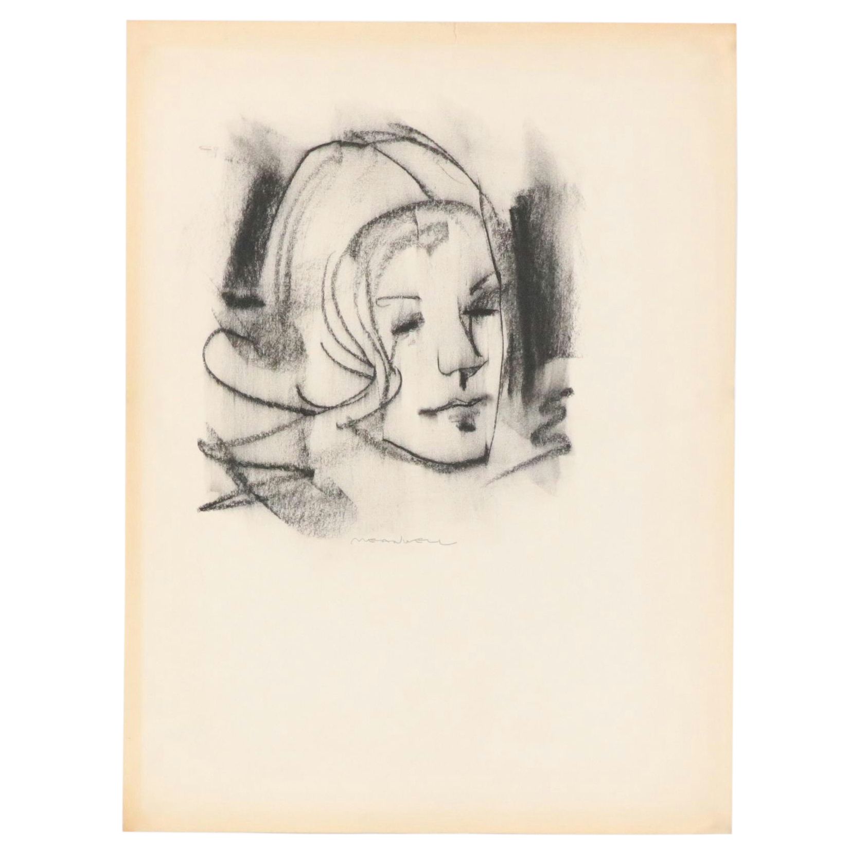 Jack Meanwell Gestural Portrait Charcoal Drawing, Late 20th Century