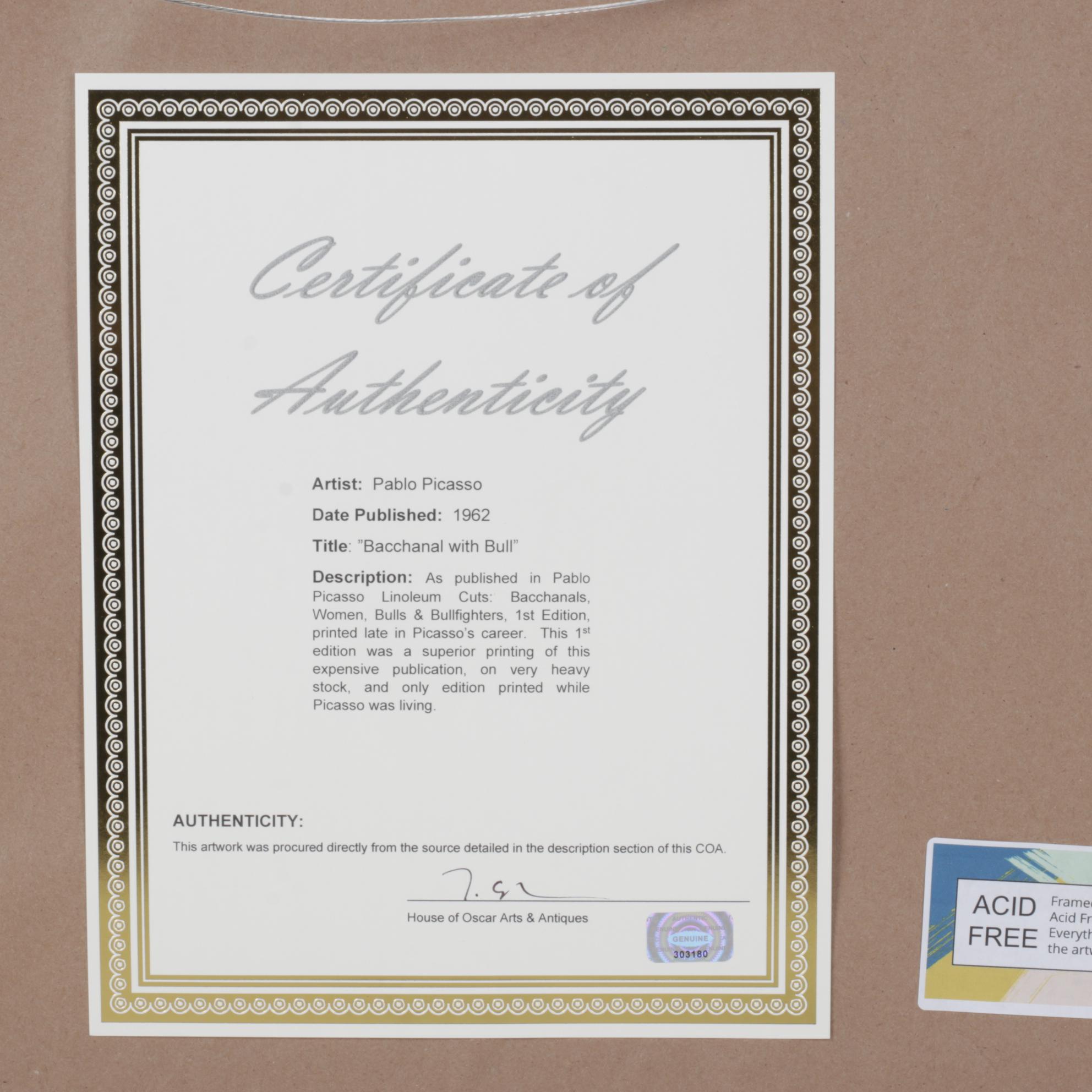 Pablo Picasso Linocut "Bacchanal with Bull," 1962