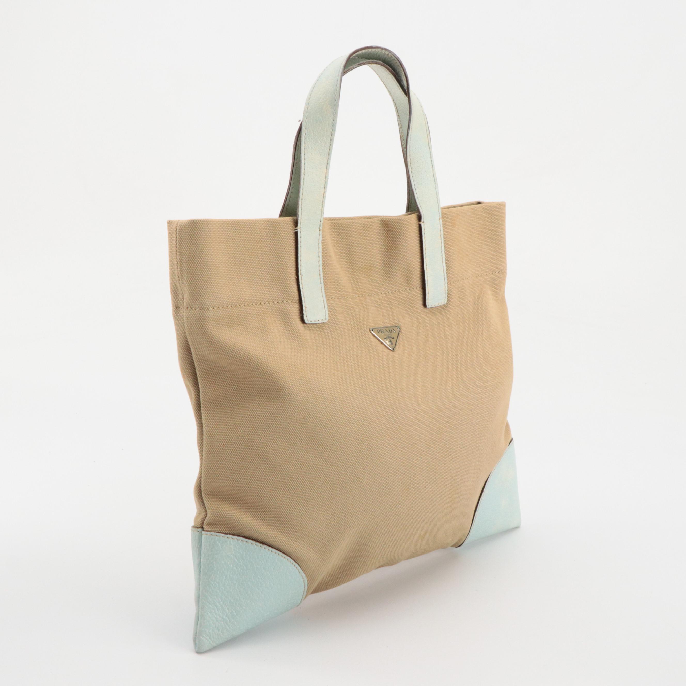 Prada Beige Canvas and Aqua Pig Skin Leather Top Handle Tote