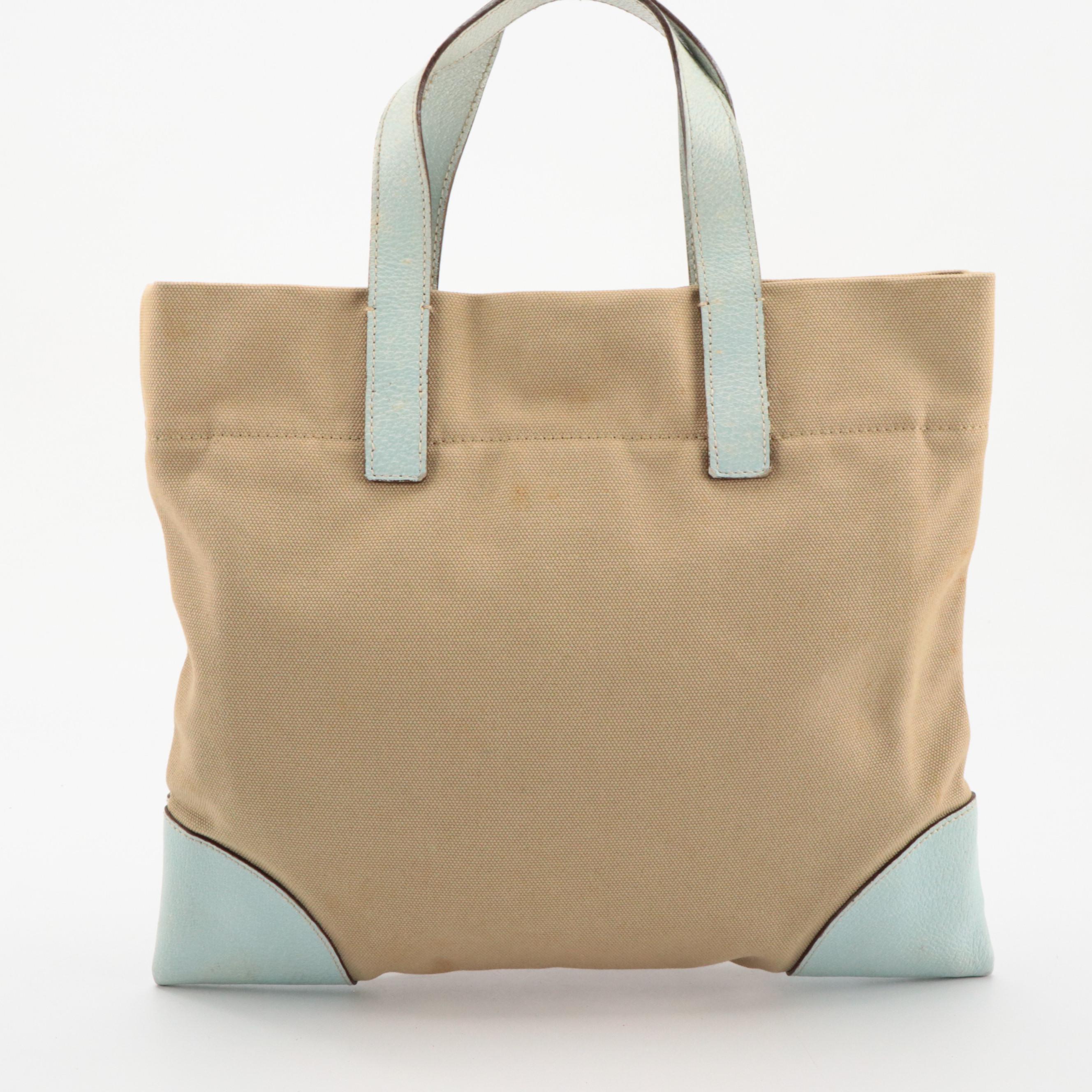 Prada Beige Canvas and Aqua Pig Skin Leather Top Handle Tote