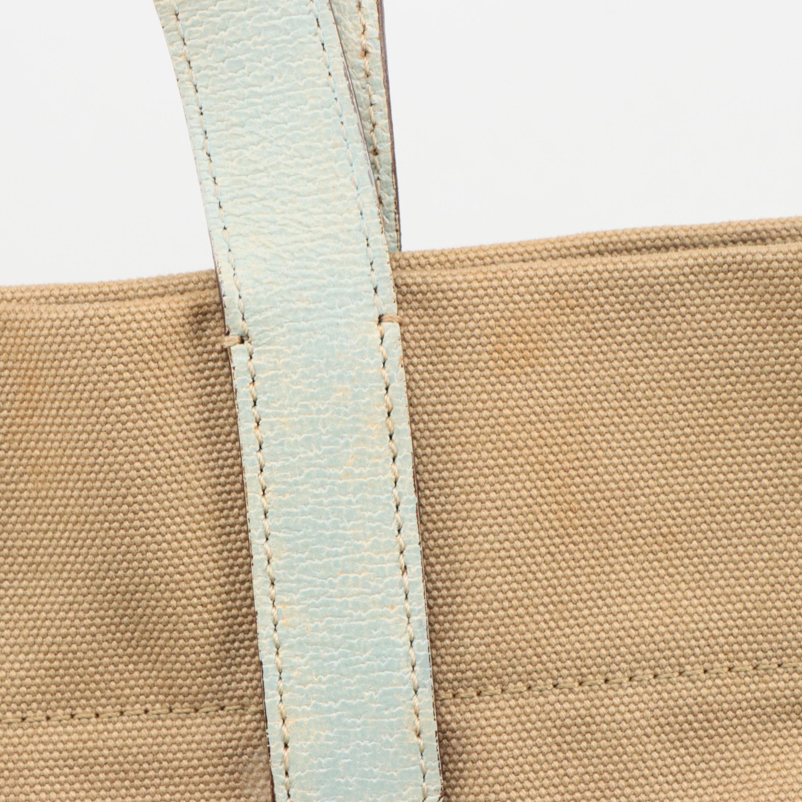 Prada Beige Canvas and Aqua Pig Skin Leather Top Handle Tote