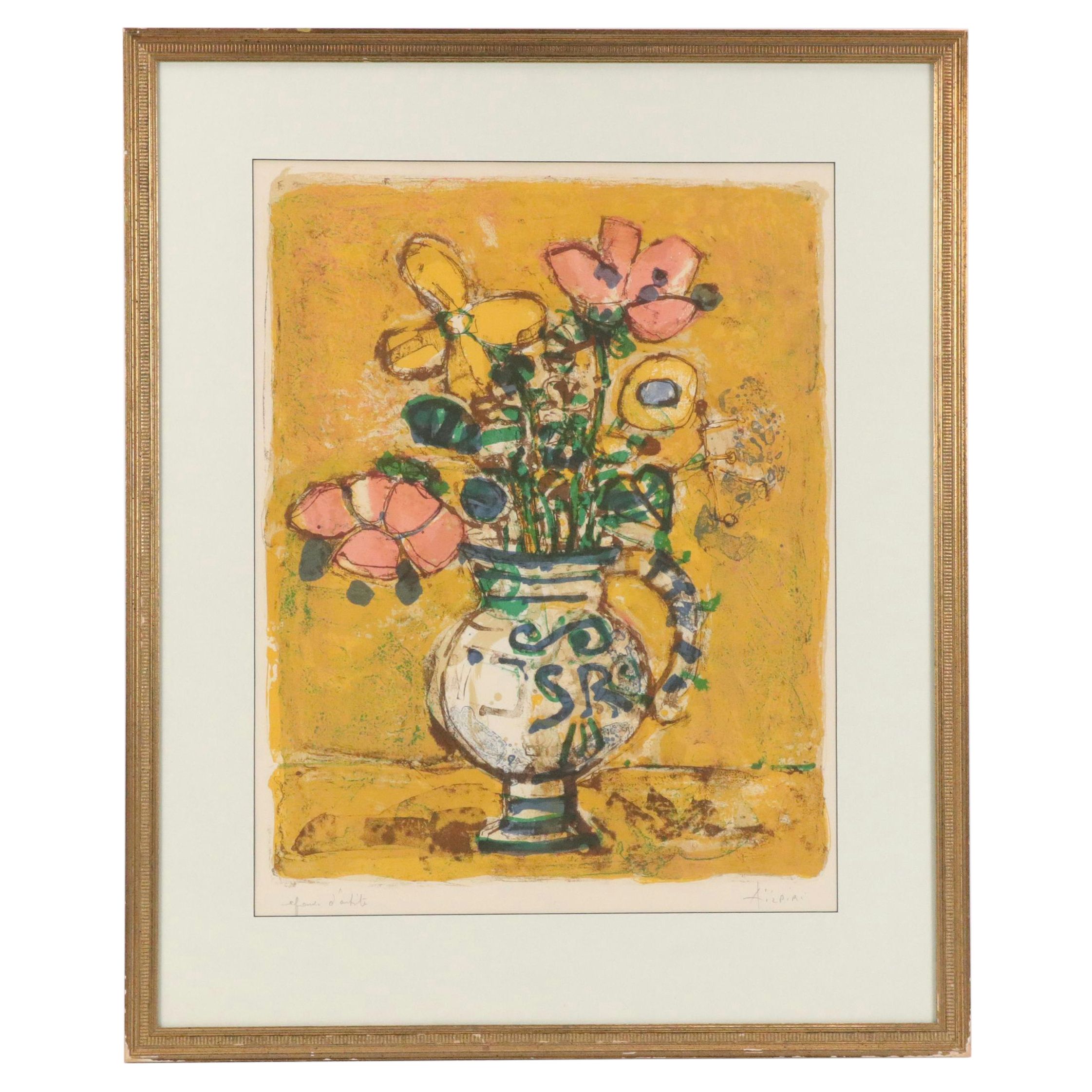 Paul Aizpiri Lithograph with Floral Still Life, Late 20th Century