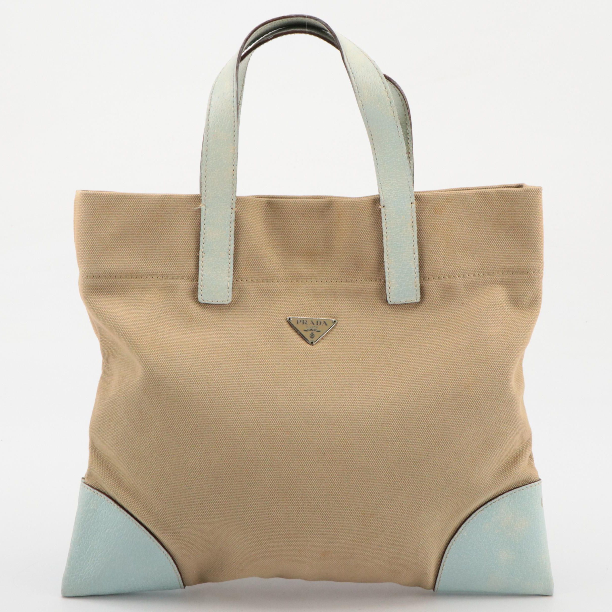 Prada Beige Canvas and Aqua Pig Skin Leather Top Handle Tote