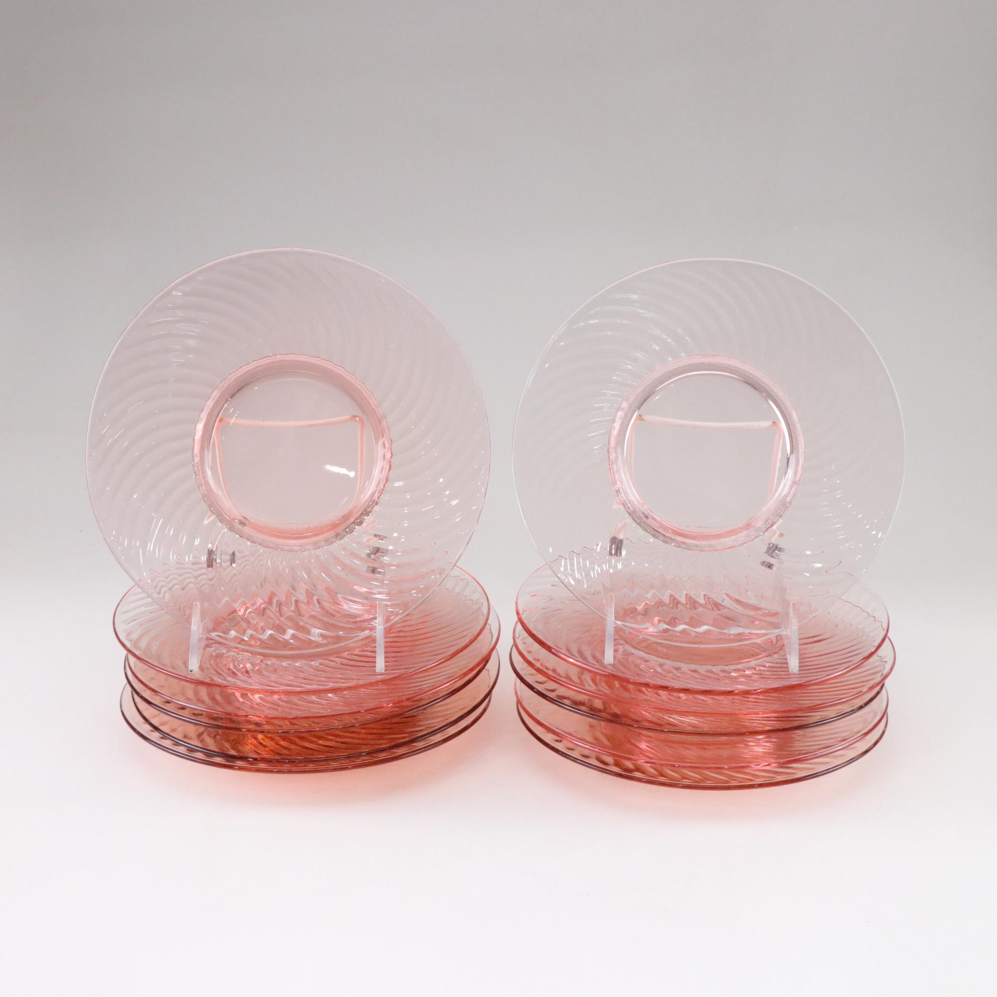 Depression Era Pink Swirl Glass Plates, Tumblers & Pitcher