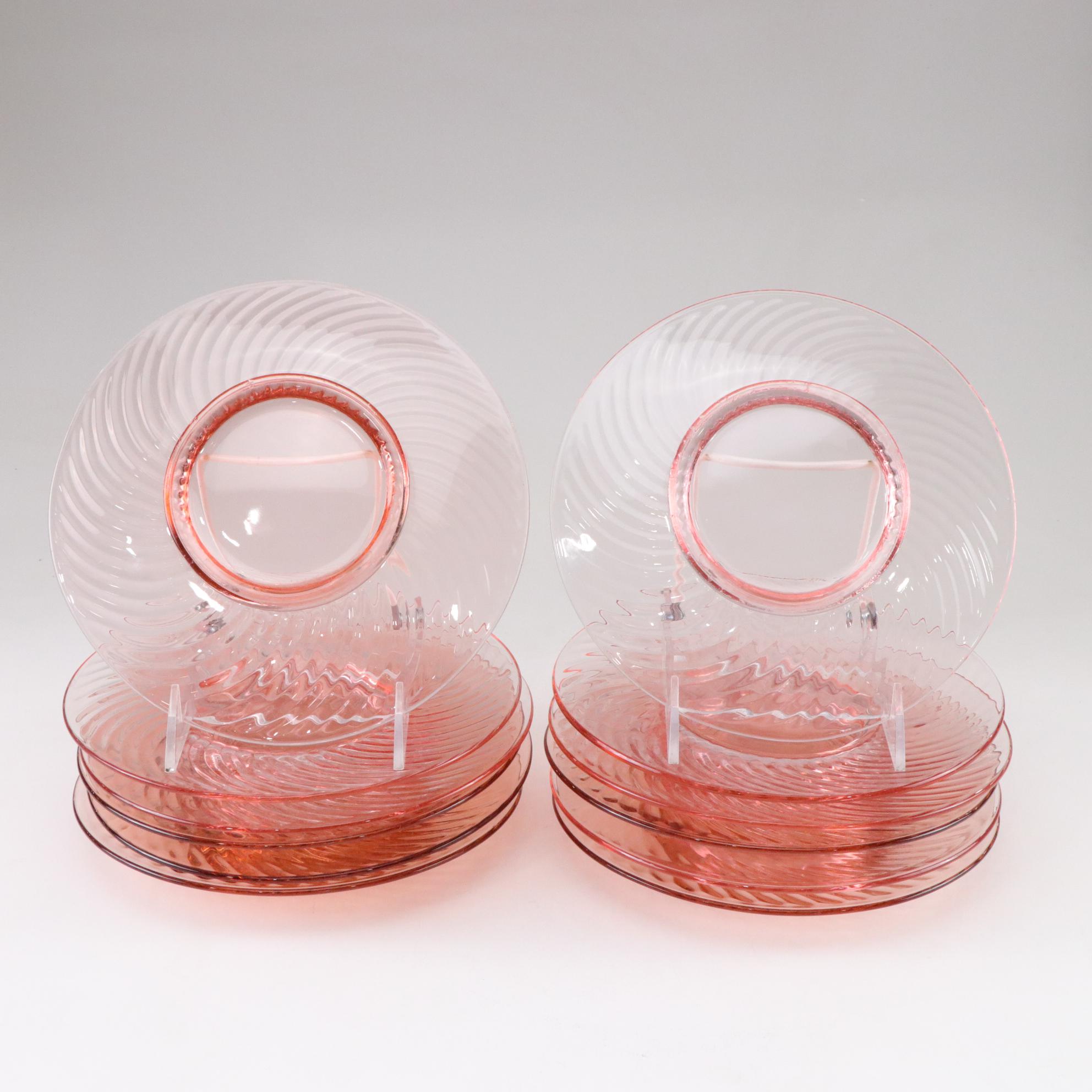 Depression Era Pink Swirl Glass Plates, Tumblers & Pitcher