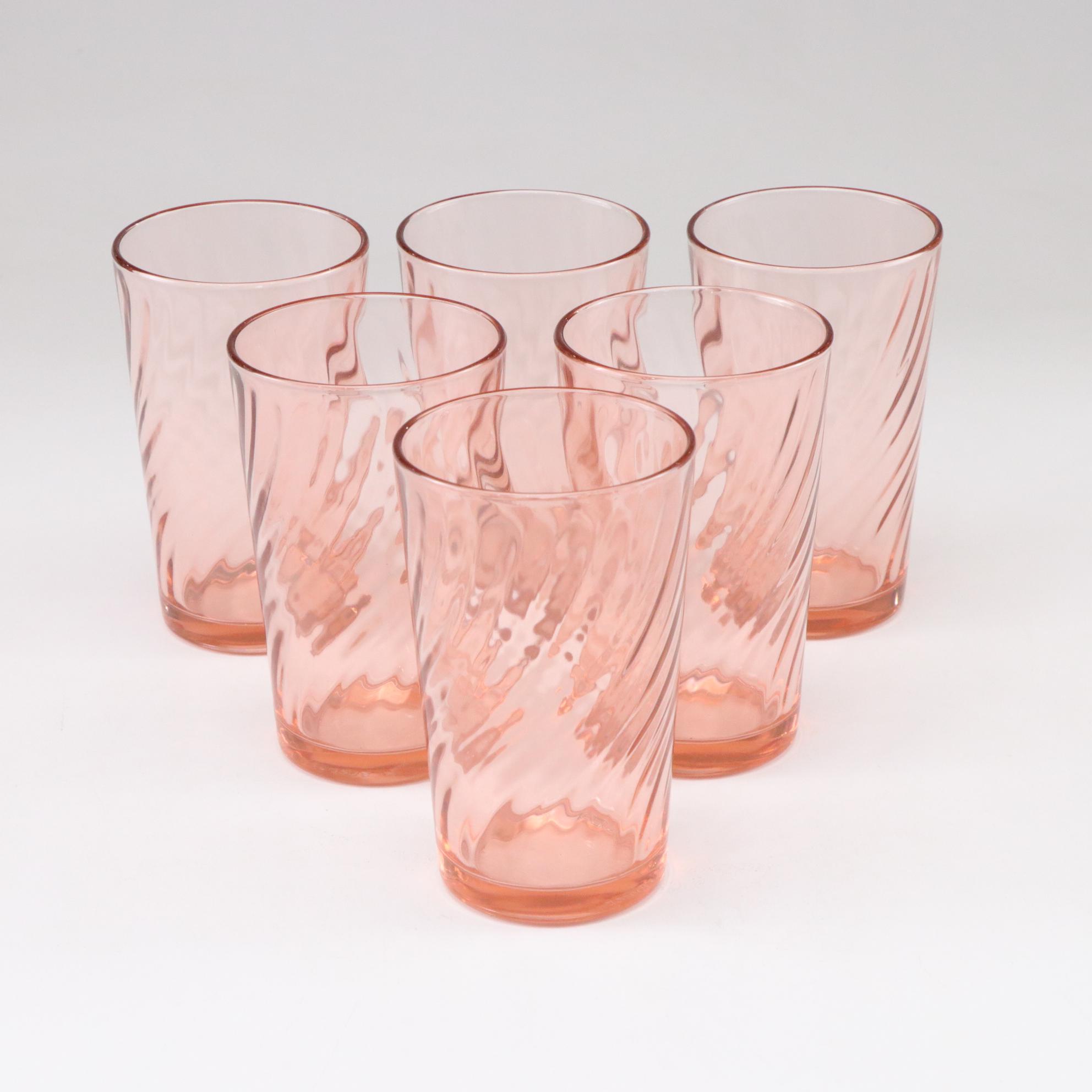 Depression Era Pink Swirl Glass Plates, Tumblers & Pitcher