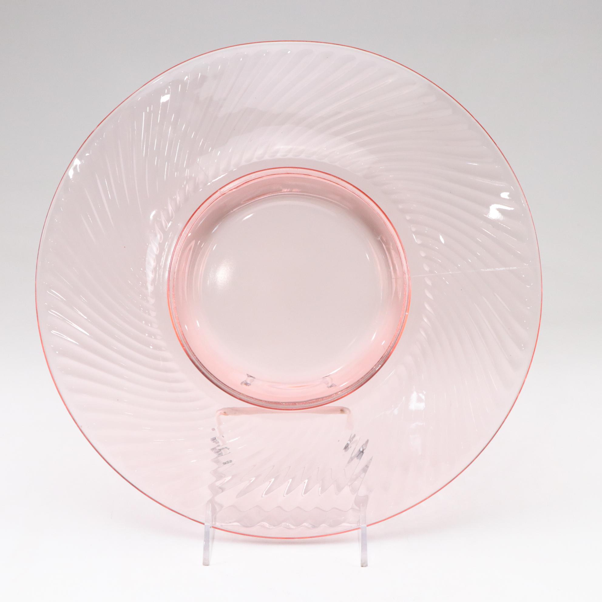 Depression Era Pink Swirl Glass Plates, Tumblers & Pitcher