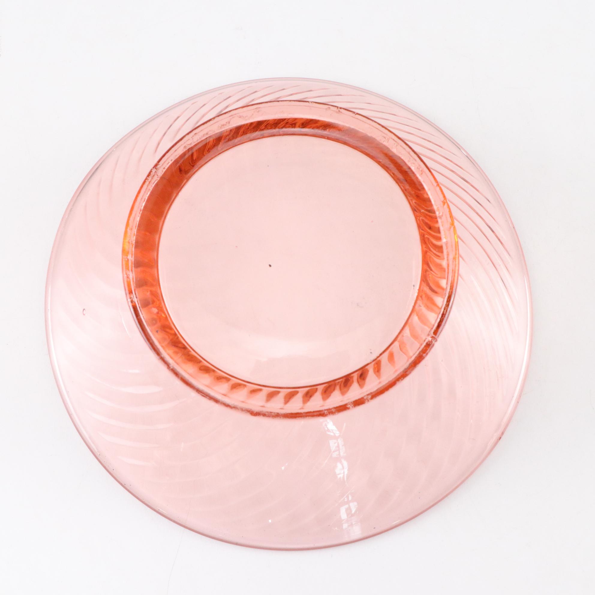 Depression Era Pink Swirl Glass Plates, Tumblers & Pitcher