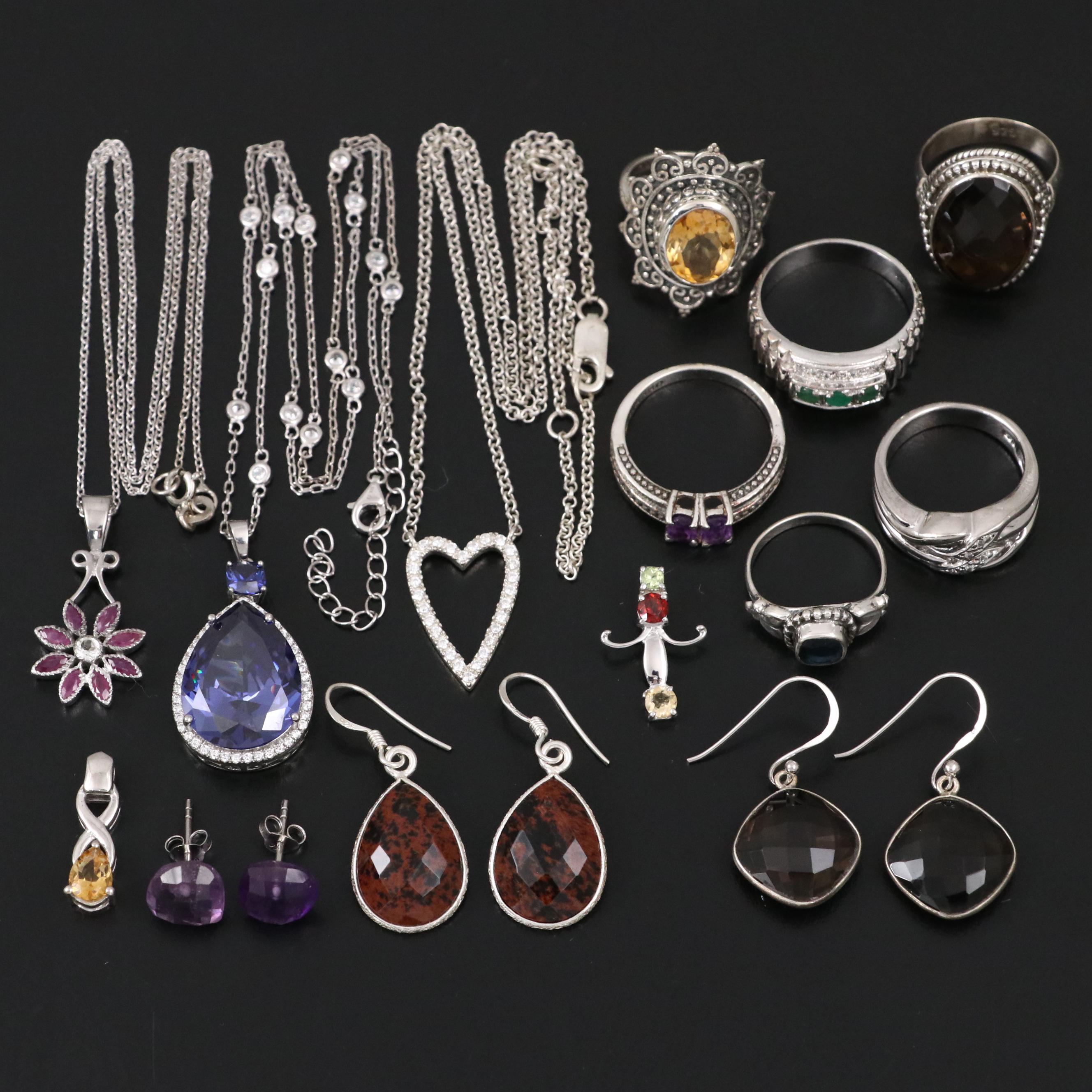 14 Assorted Sterling Silver Rings, Necklaces, Earrings, and Pendants