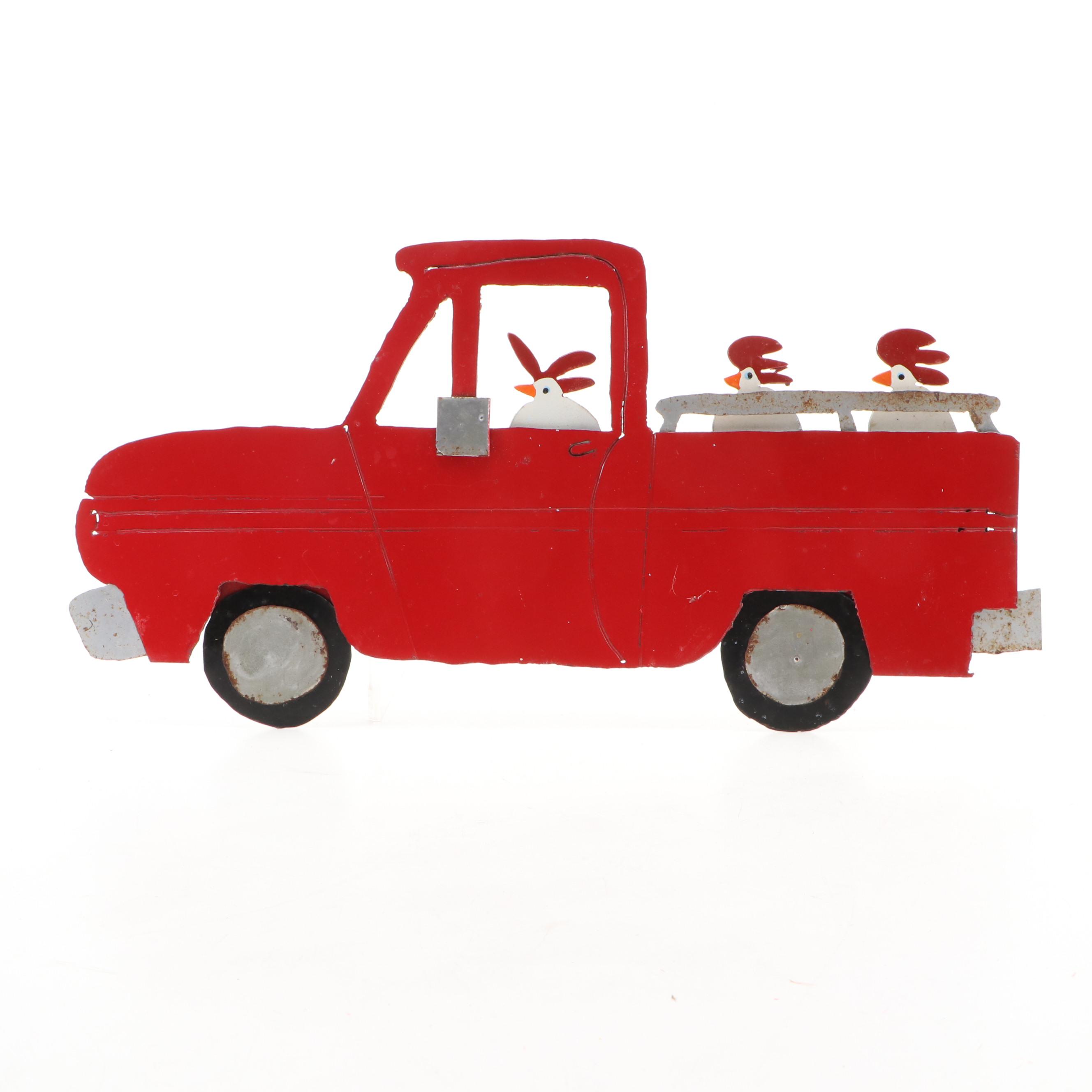 Outsider Art Painted Scrap Steel Wall Sculpture of Chickens in Pickup Truck