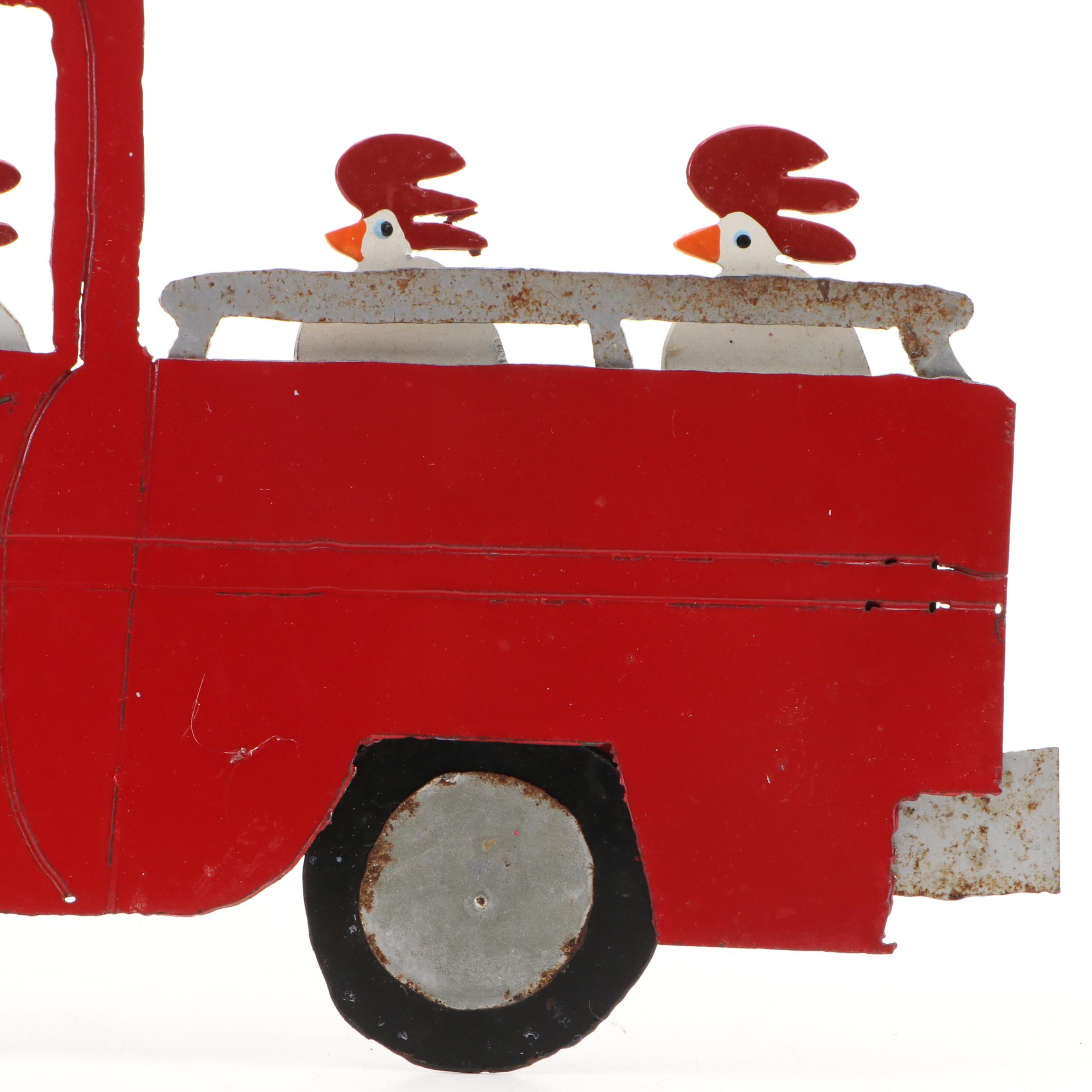 Outsider Art Painted Scrap Steel Wall Sculpture of Chickens in Pickup Truck