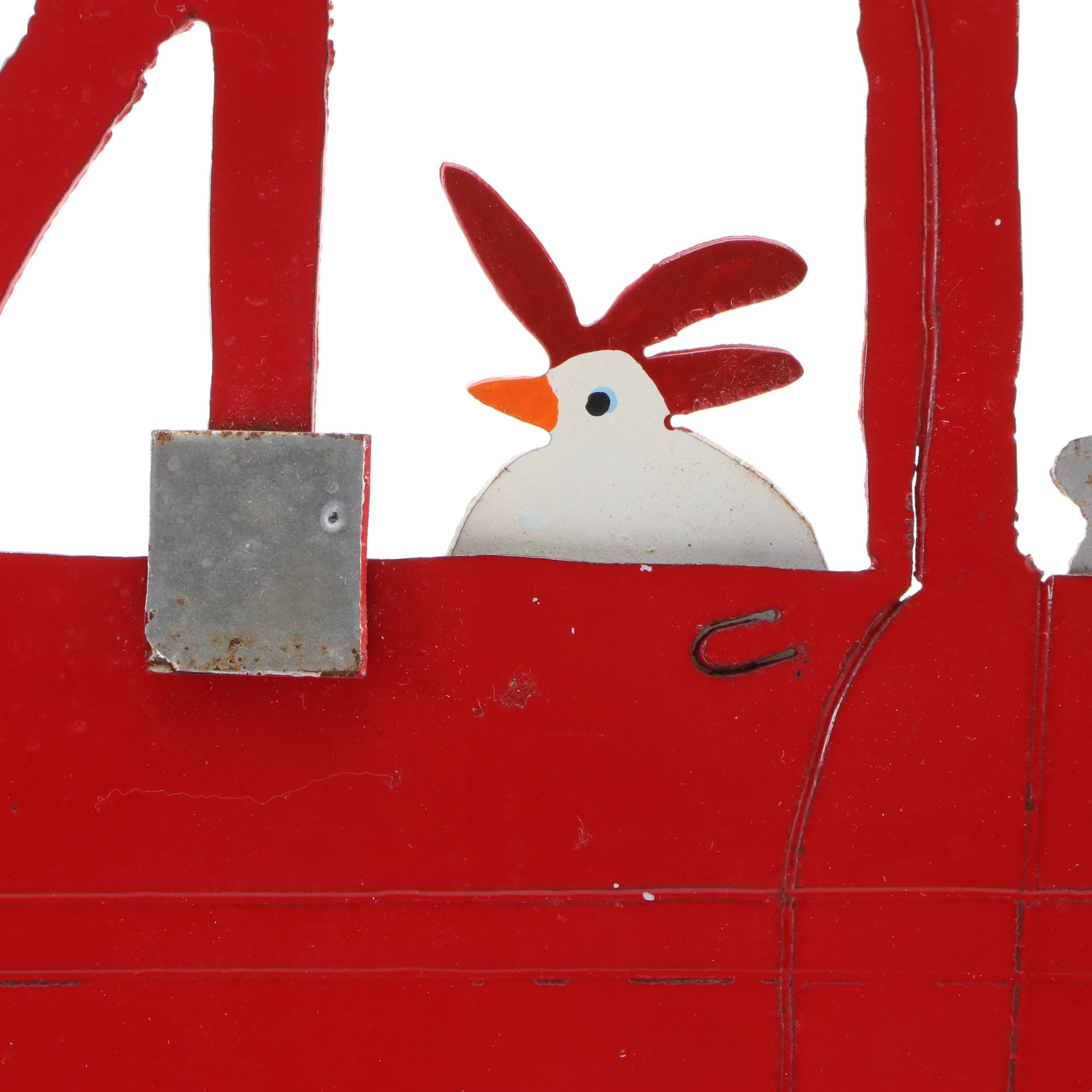 Outsider Art Painted Scrap Steel Wall Sculpture of Chickens in Pickup Truck