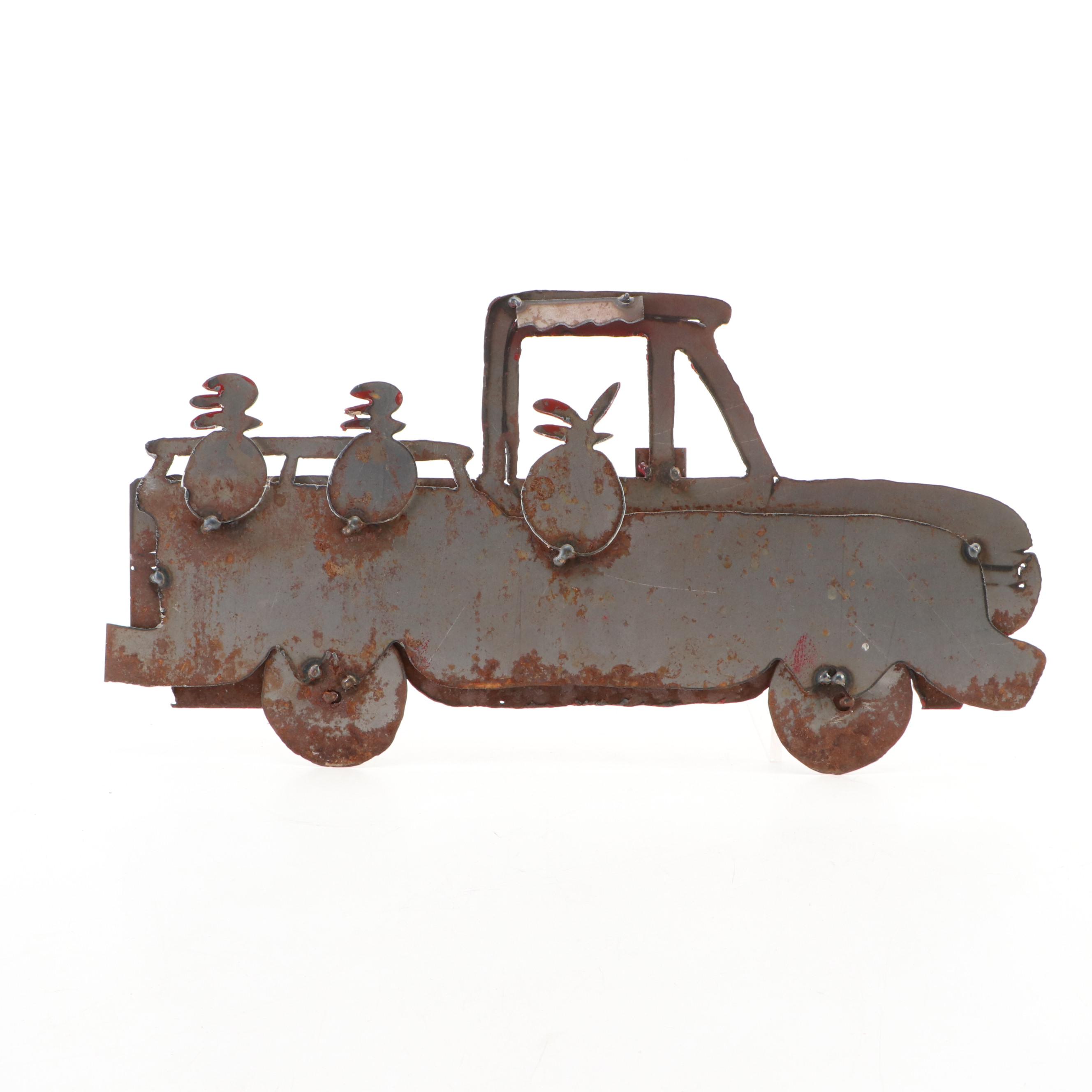 Outsider Art Painted Scrap Steel Wall Sculpture of Chickens in Pickup Truck