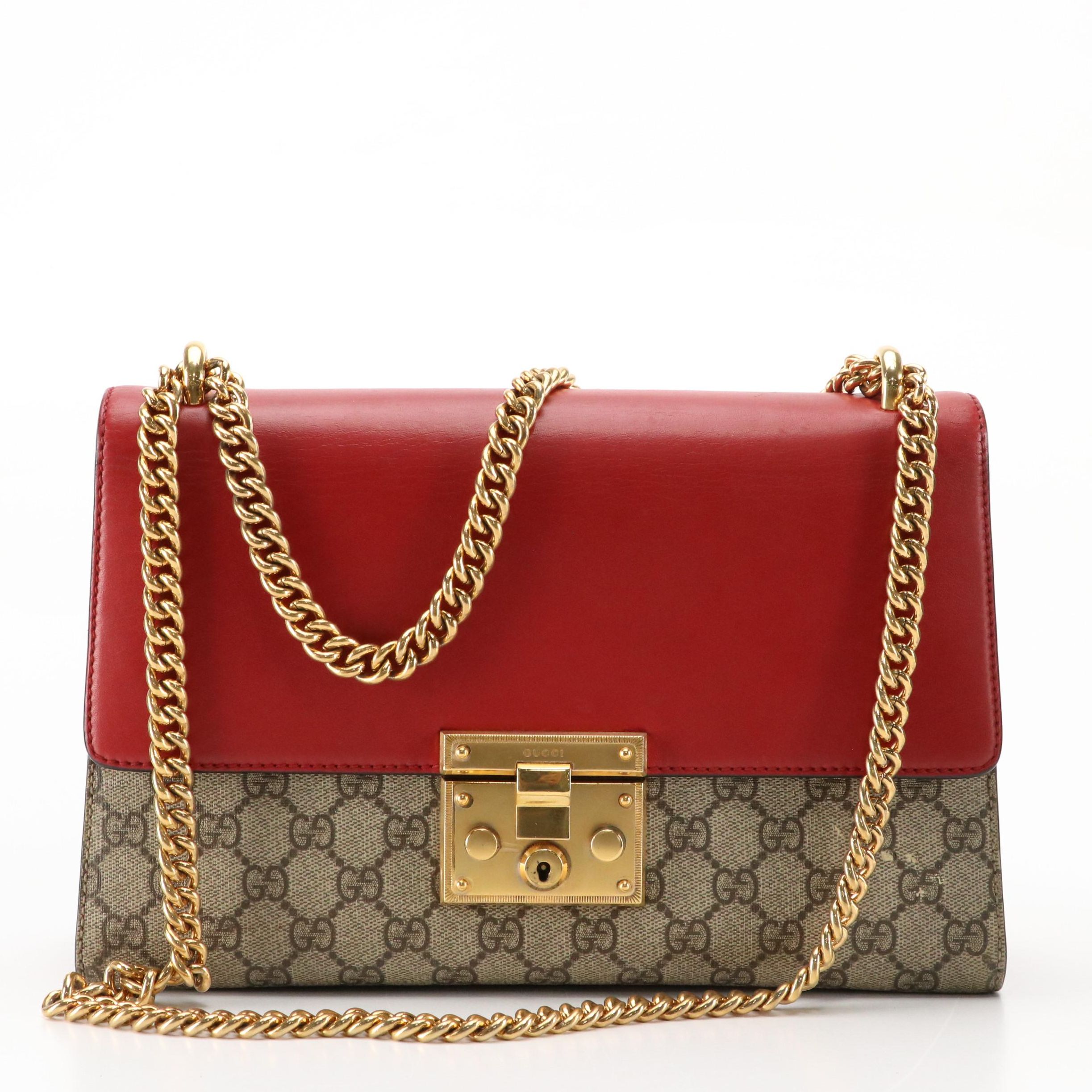 Gucci Padlock Medium Shoulder Bag in GG Supreme Canvas and Red/Pink Leather
