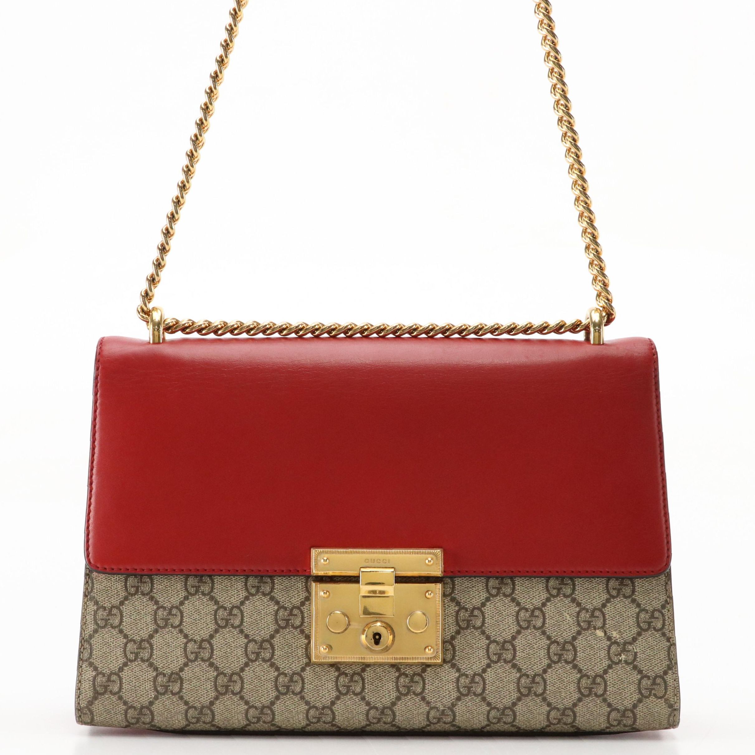 Gucci Padlock Medium Shoulder Bag in GG Supreme Canvas and Red/Pink Leather