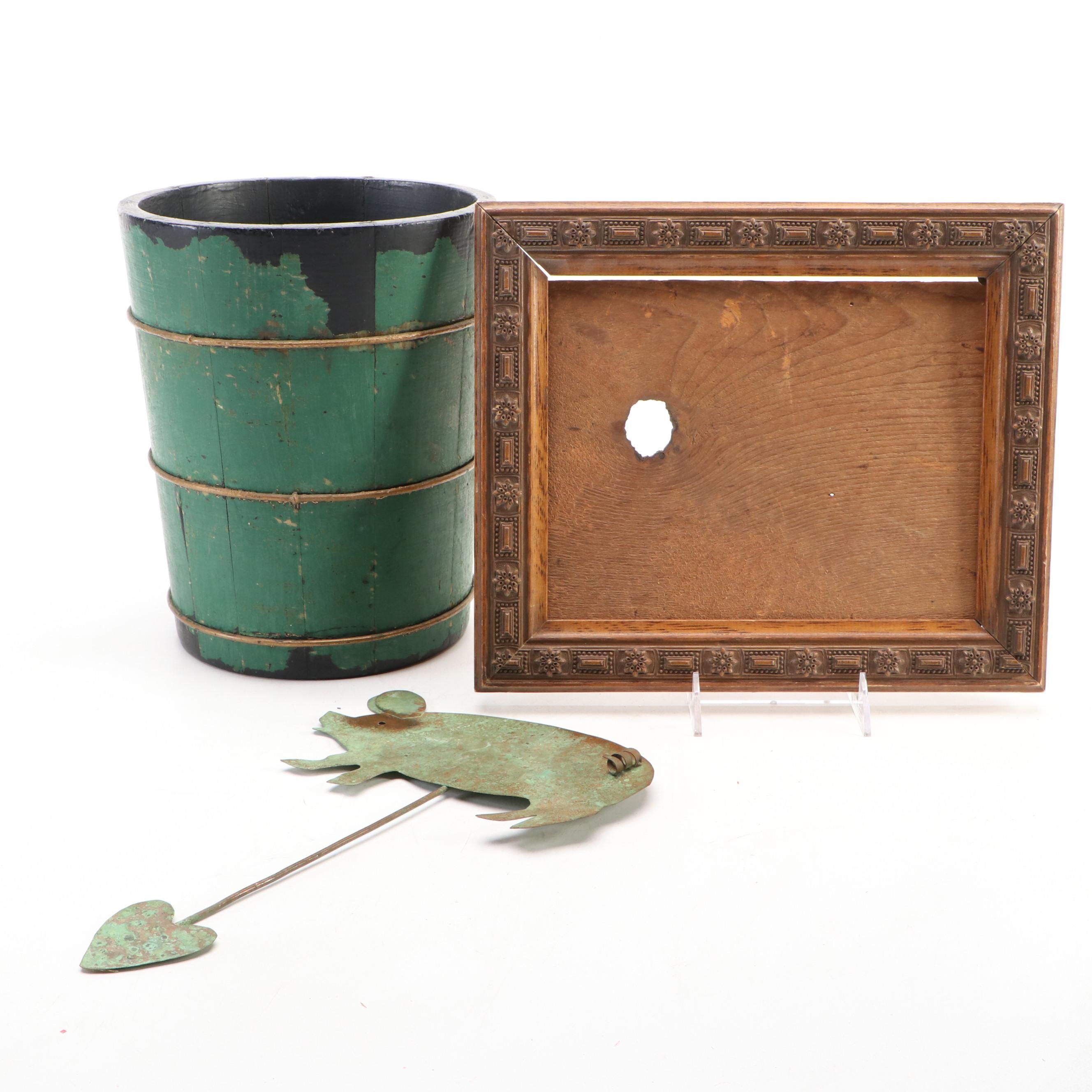 Painted Wooden Stave Bucket with Carved Wood Frame and Other Décor