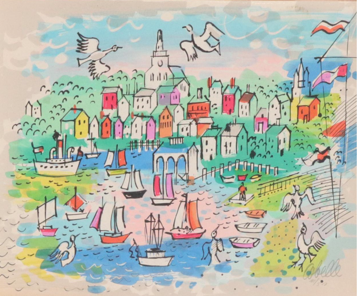 Charles Cobelle Color Lithograph Cityscape With Boats, Mid to Late 20th Century