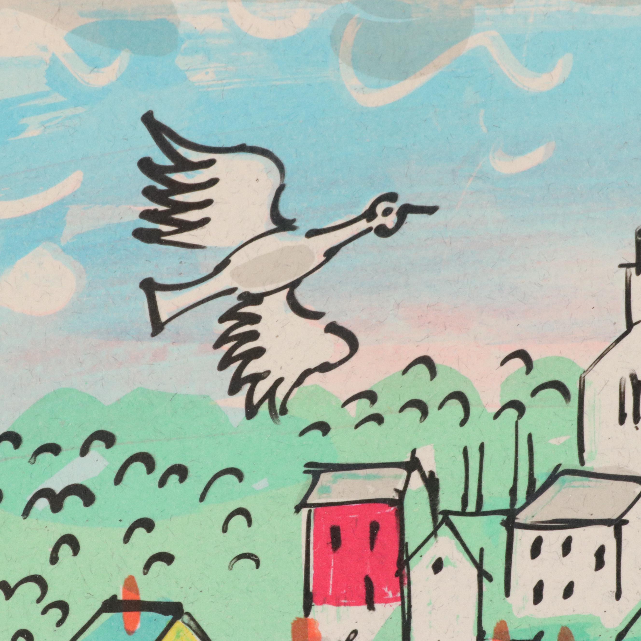 Charles Cobelle Color Lithograph Cityscape With Boats, Mid to Late 20th Century