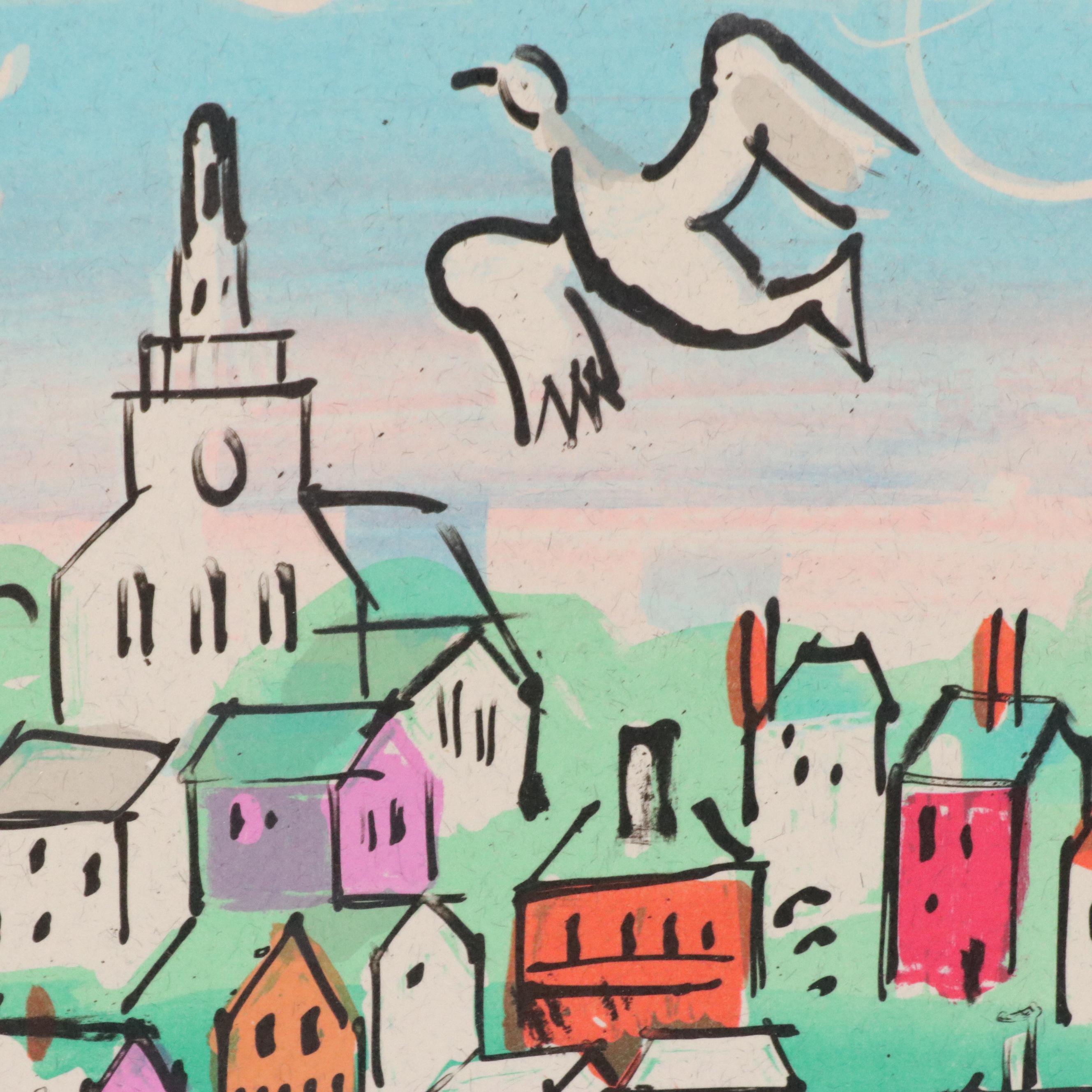 Charles Cobelle Color Lithograph Cityscape With Boats, Mid to Late 20th Century