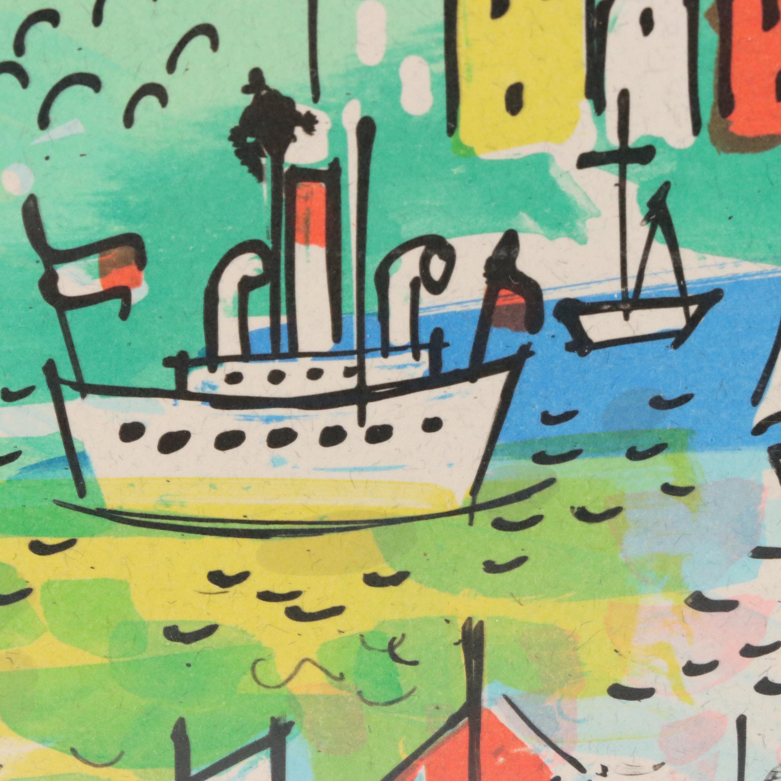 Charles Cobelle Color Lithograph Cityscape With Boats, Mid to Late 20th Century