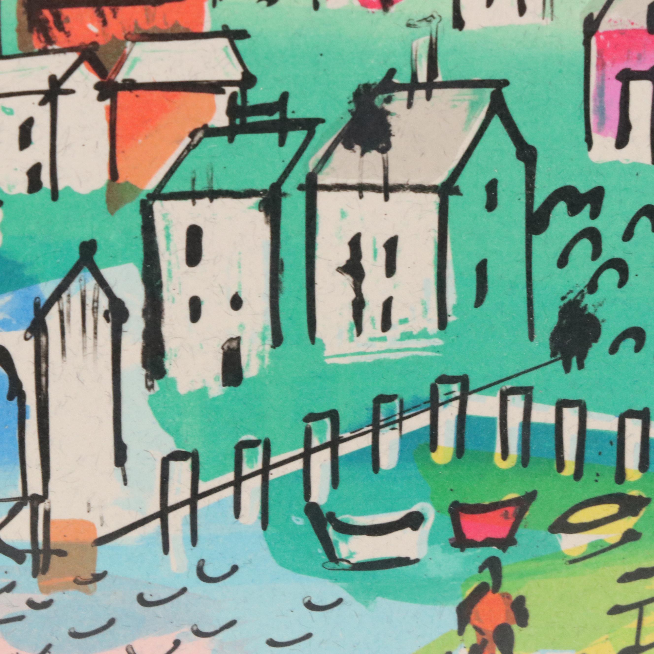 Charles Cobelle Color Lithograph Cityscape With Boats, Mid to Late 20th Century