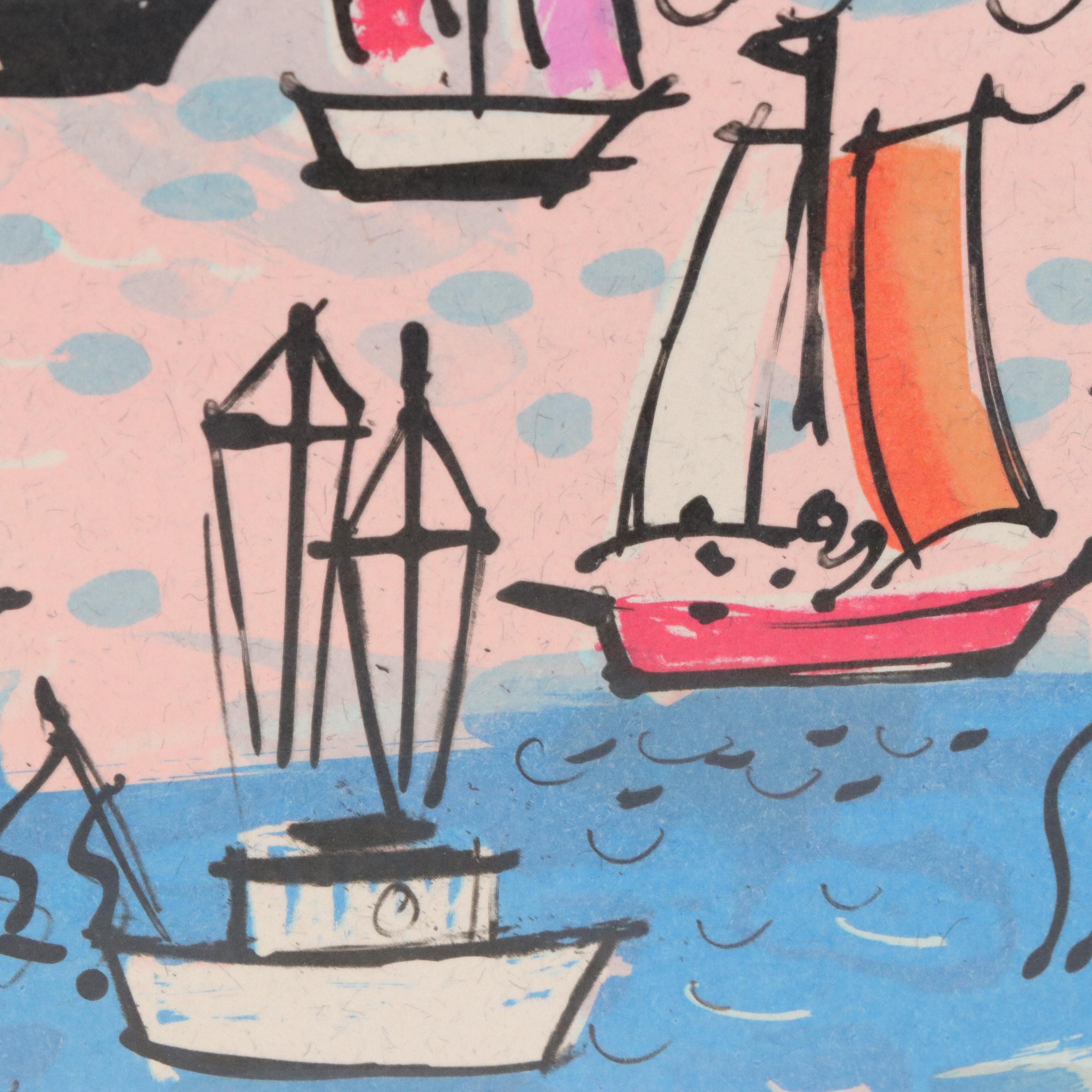 Charles Cobelle Color Lithograph Cityscape With Boats, Mid to Late 20th Century