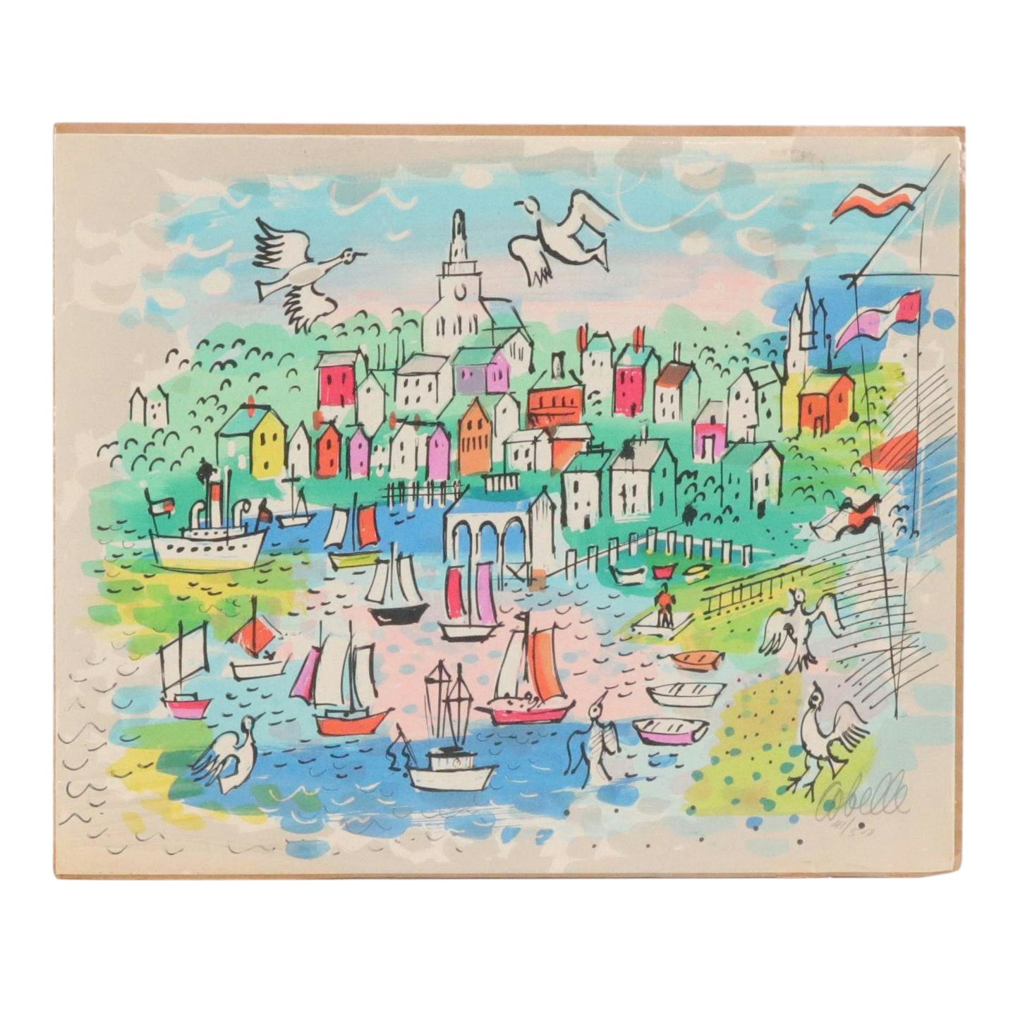 Charles Cobelle Color Lithograph Cityscape With Boats, Mid to Late 20th Century