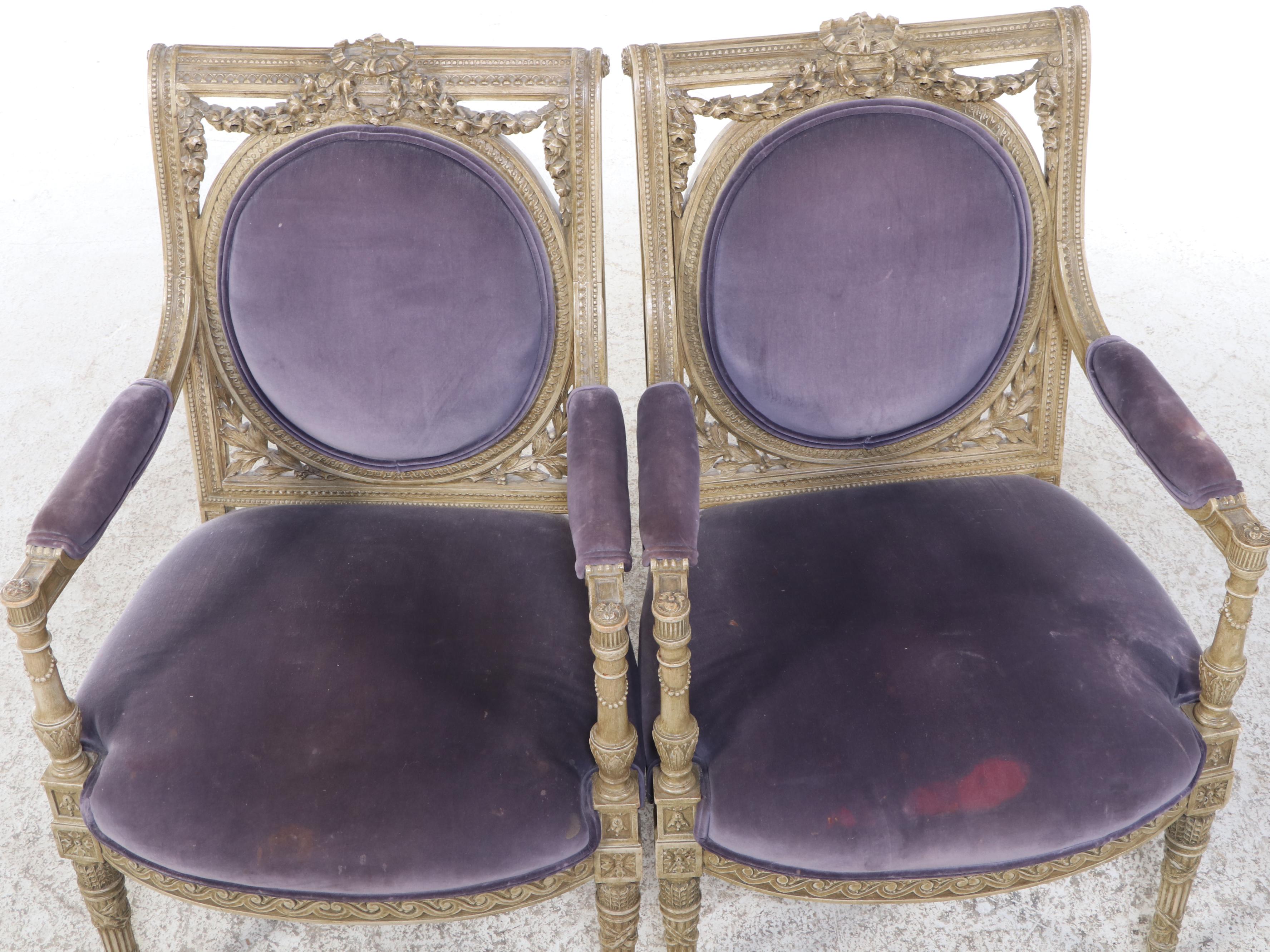 Pair of Louis XVI Style Cream-Painted and Purple Velvet Fauteuils, 20th Century
