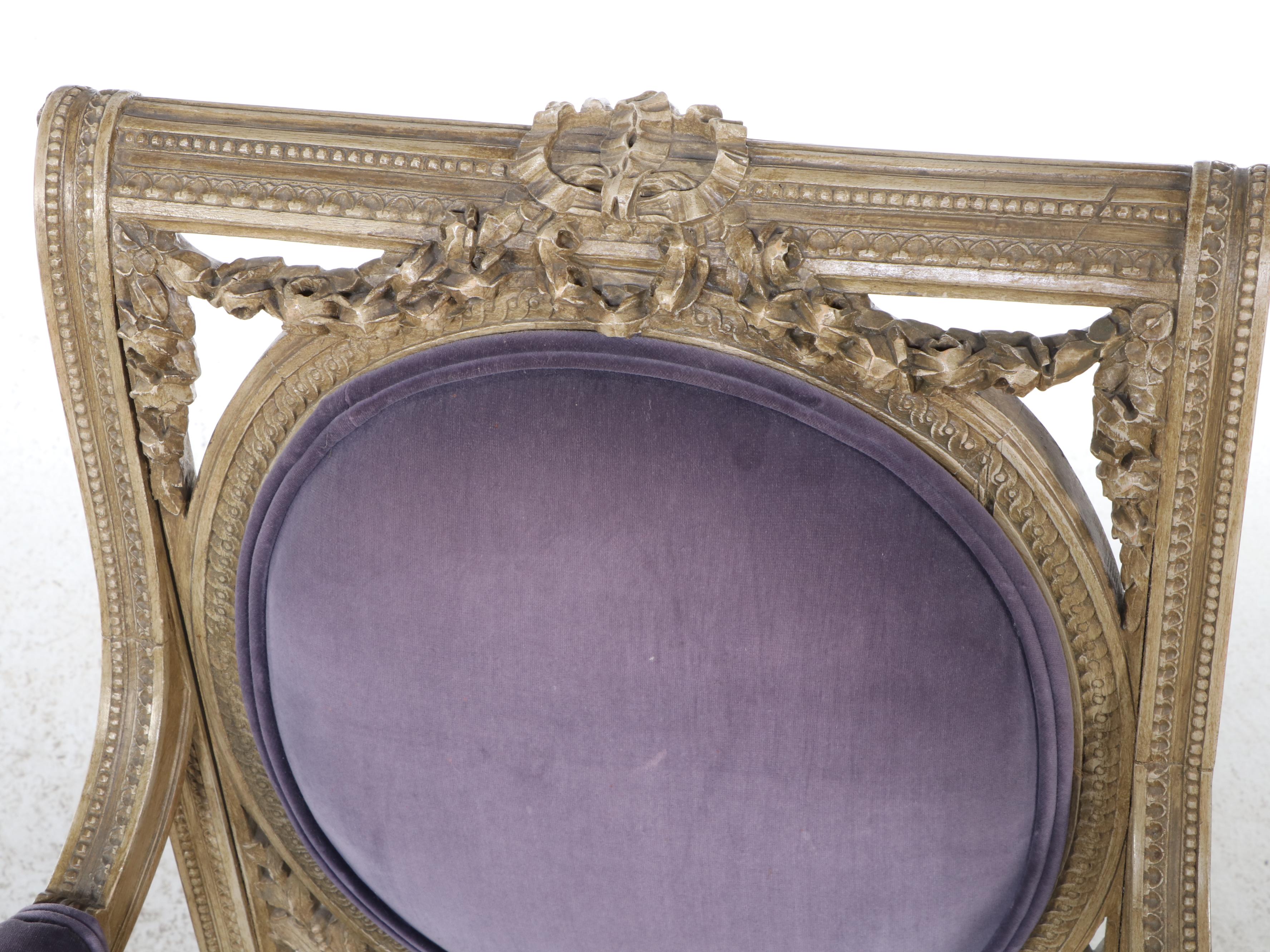 Pair of Louis XVI Style Cream-Painted and Purple Velvet Fauteuils, 20th Century